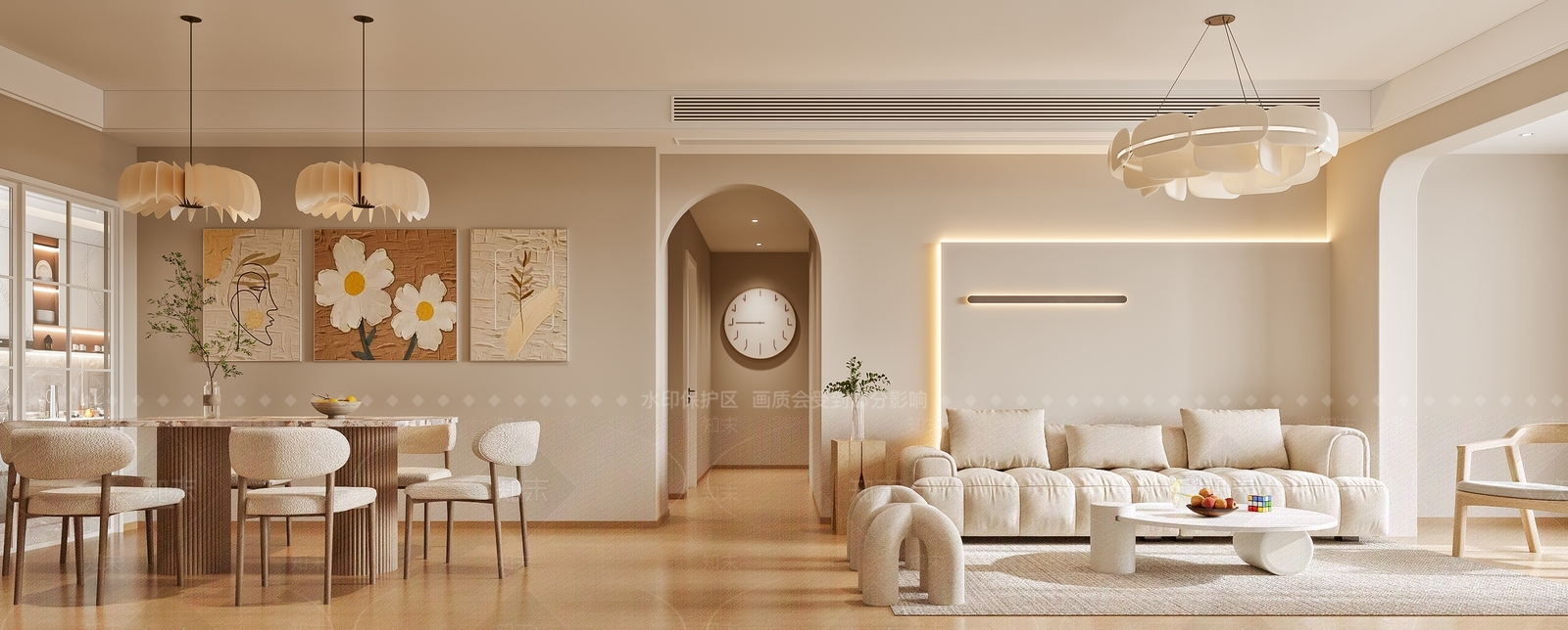 现代奶油原木风客餐厅3D模型下载【ID:1139497027】