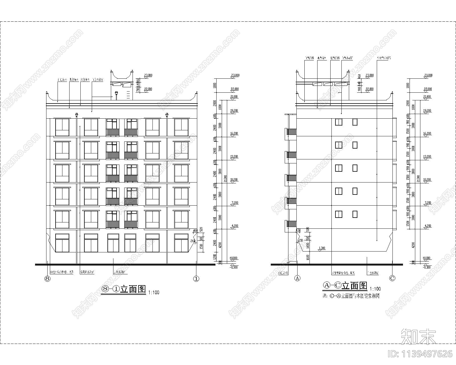 六层框架商住建筑cad施工图下载【ID:1139497626】