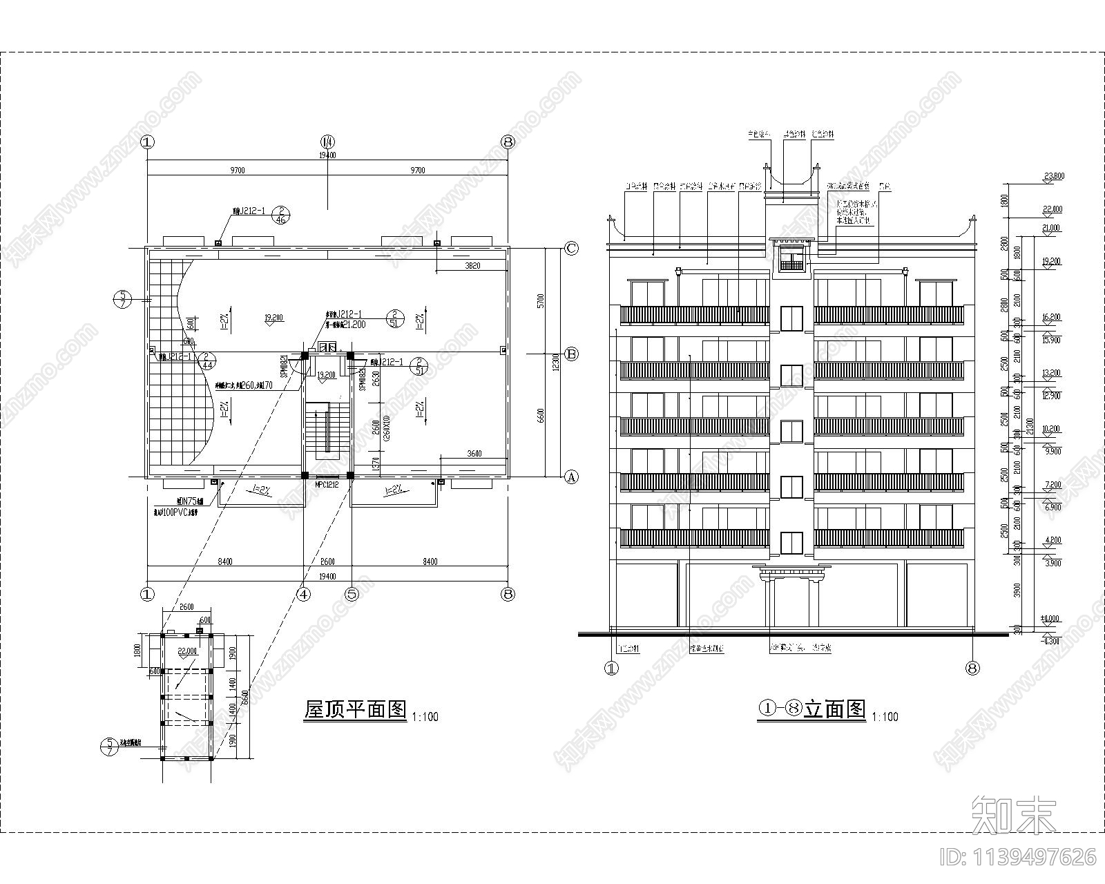 六层框架商住建筑cad施工图下载【ID:1139497626】