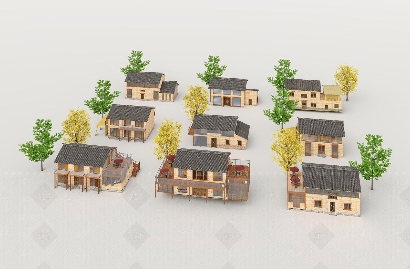 新中式乡村夯土民宿建筑组合SU模型下载【ID:1139503831】