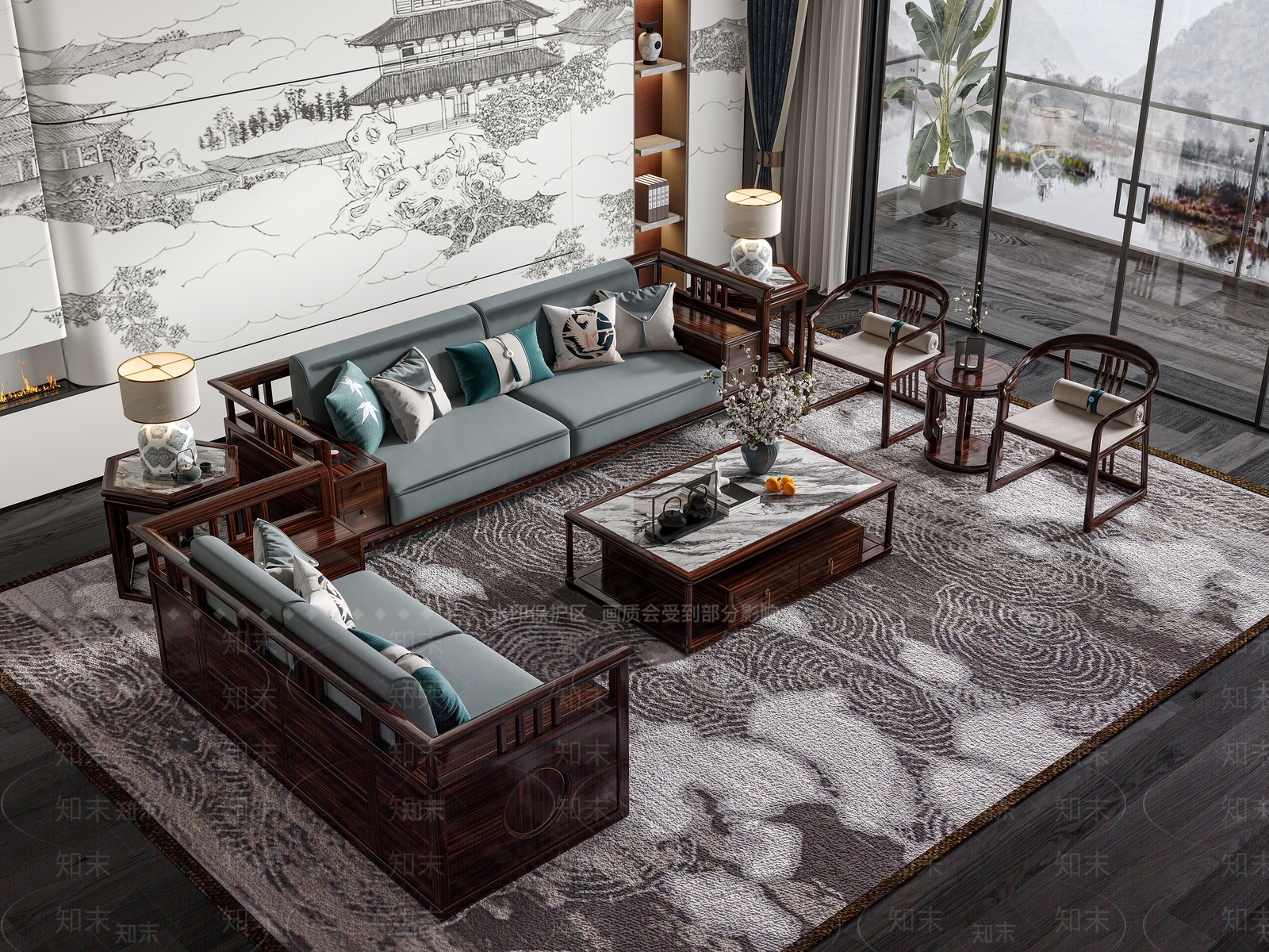 新中式沙发茶几组合3D模型下载【ID:1139504370】_知末3d模型网