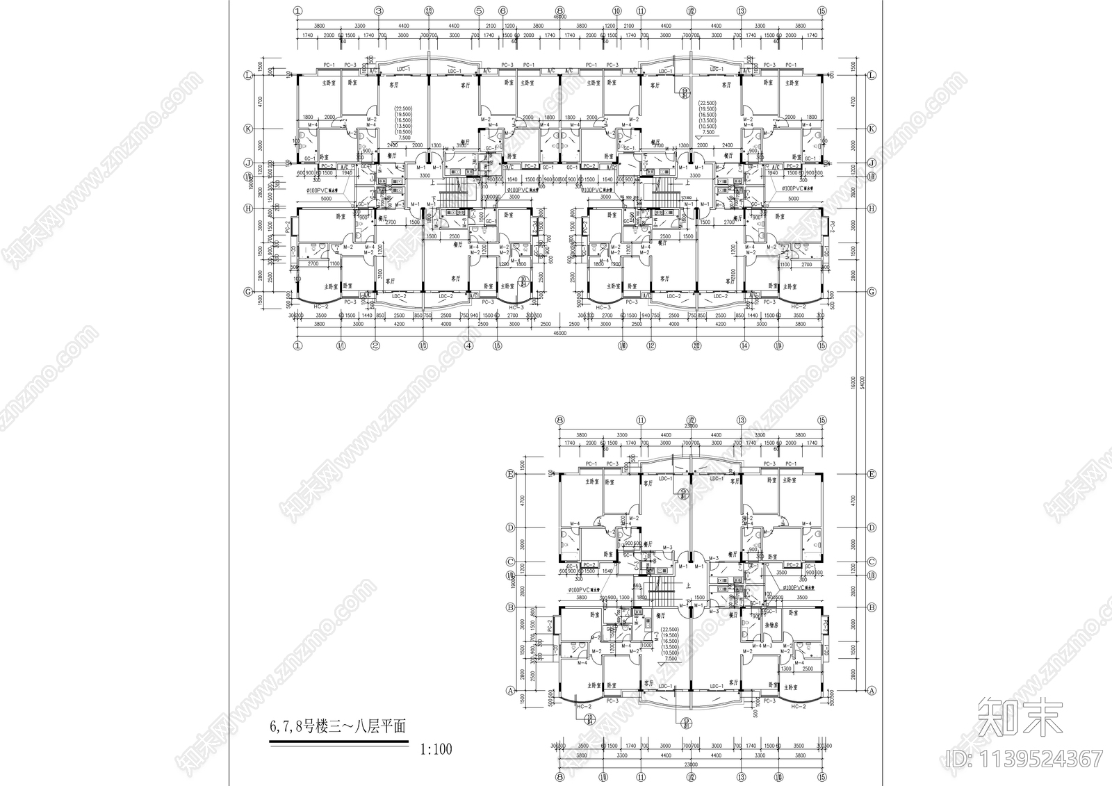 居民小区L型建筑cad施工图下载【ID:1139524367】