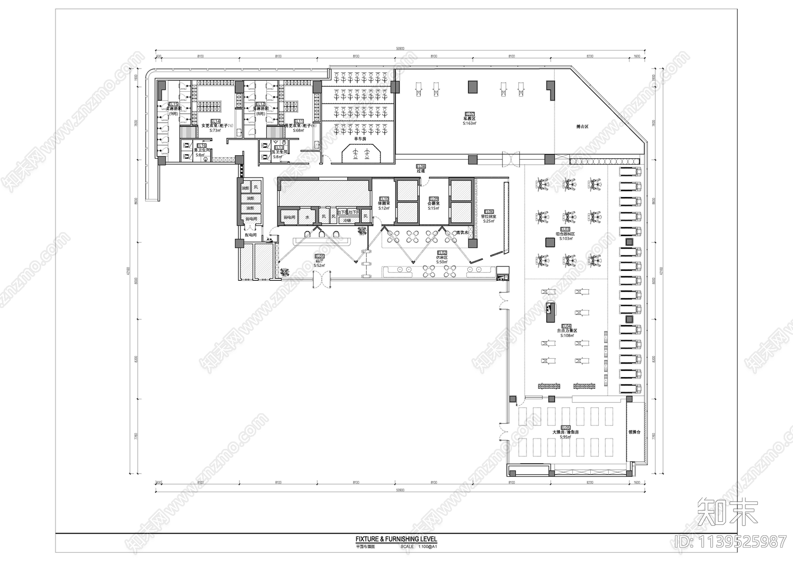 健身会所平面cad施工图下载【ID:1139525987】