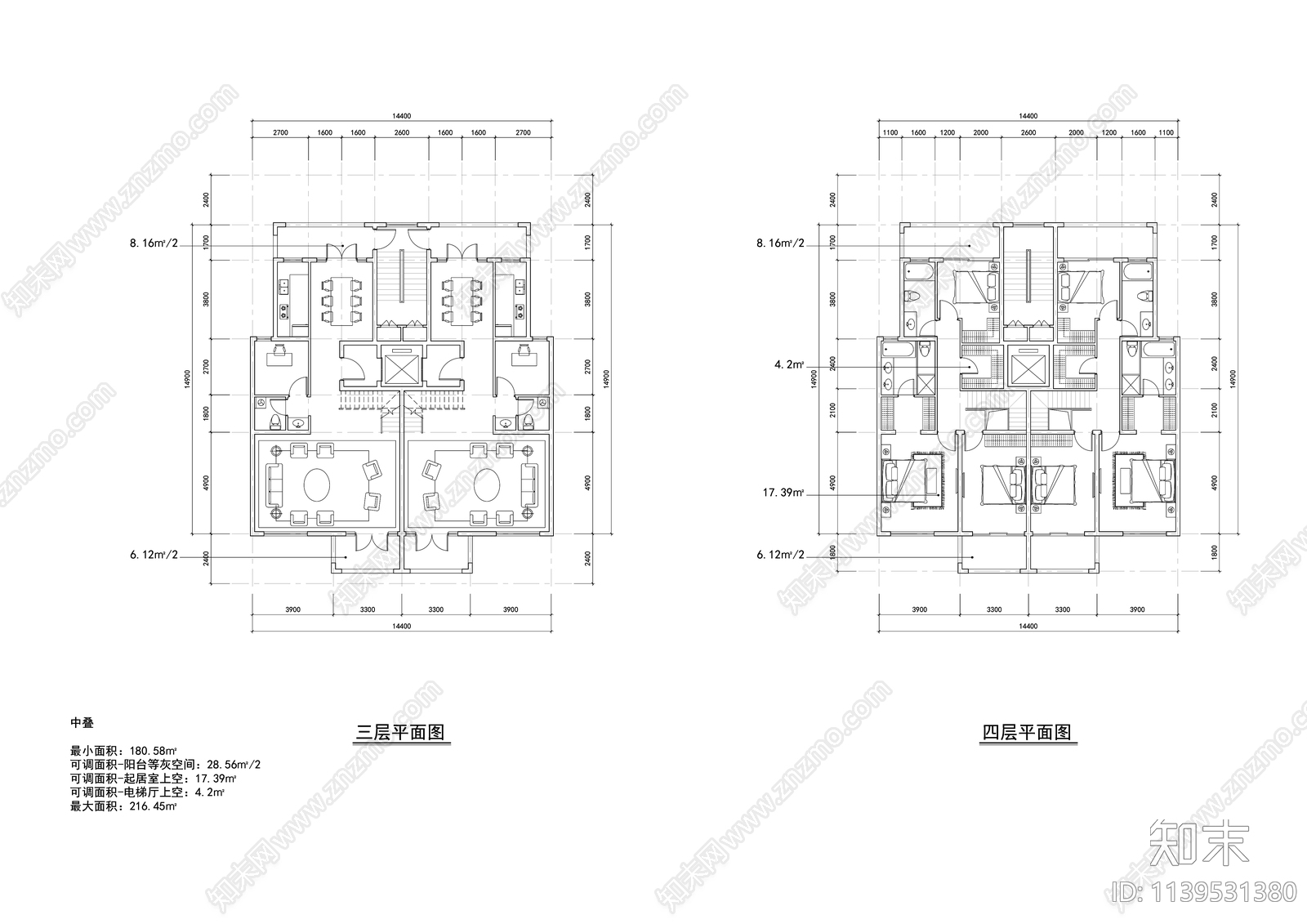 多层叠墅户型图施工图下载【ID:1139531380】