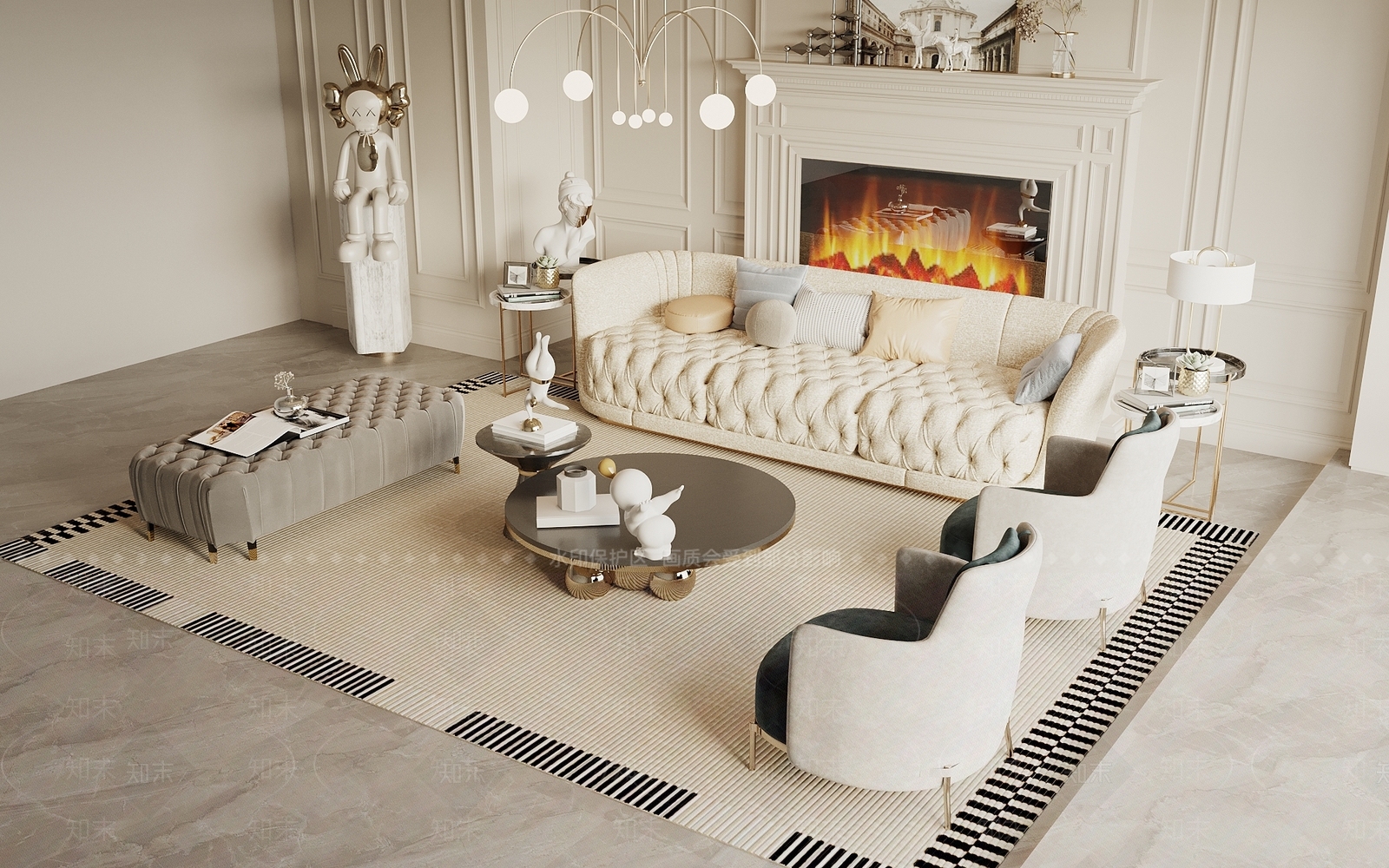 简欧沙发茶几组合3D模型下载【ID:1139547577】