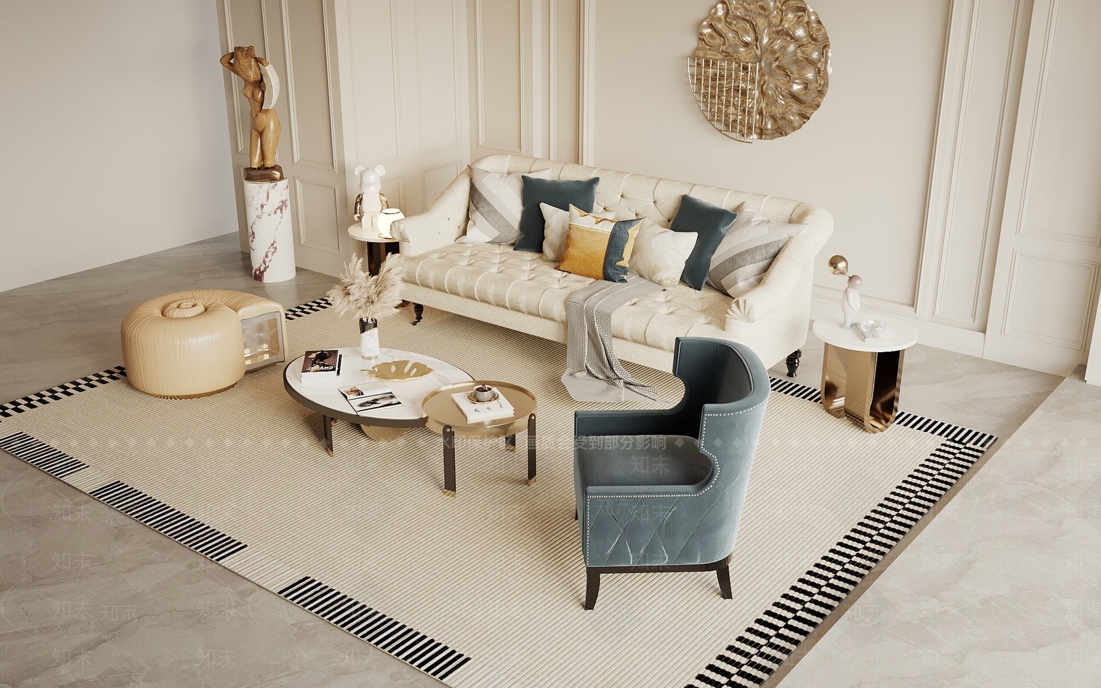 简欧沙发茶几组合3D模型下载【ID:1139547954】