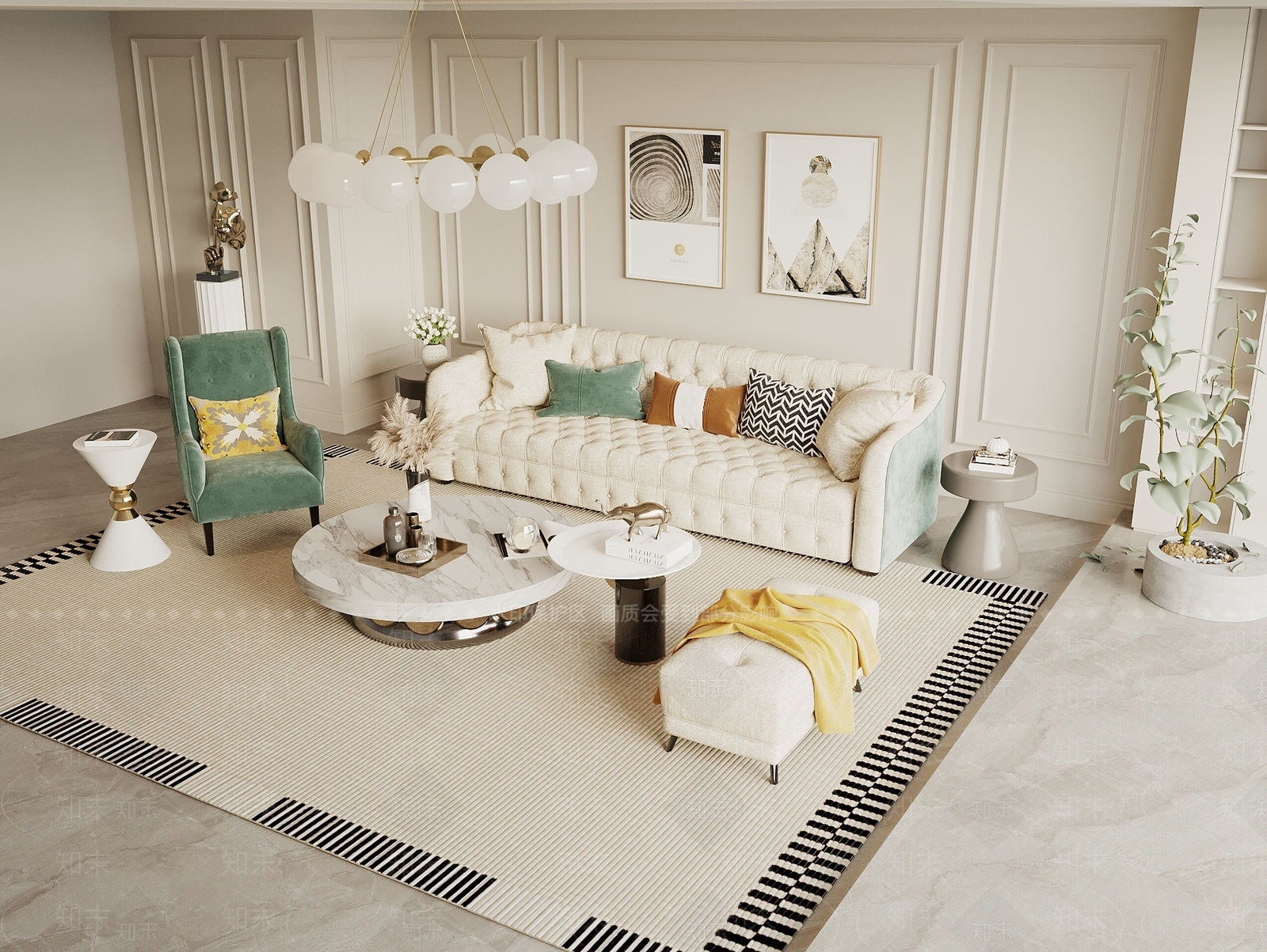 简欧沙发茶几组合3D模型下载【ID:1139561454】