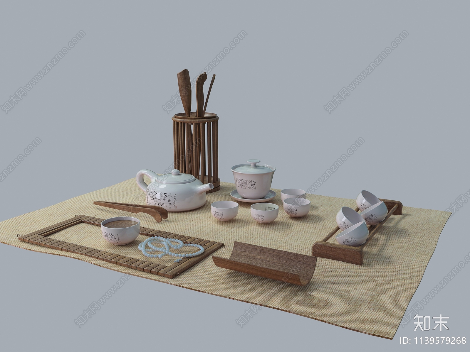 中式白瓷茶壶茶具3D模型下载【ID:1139579268】