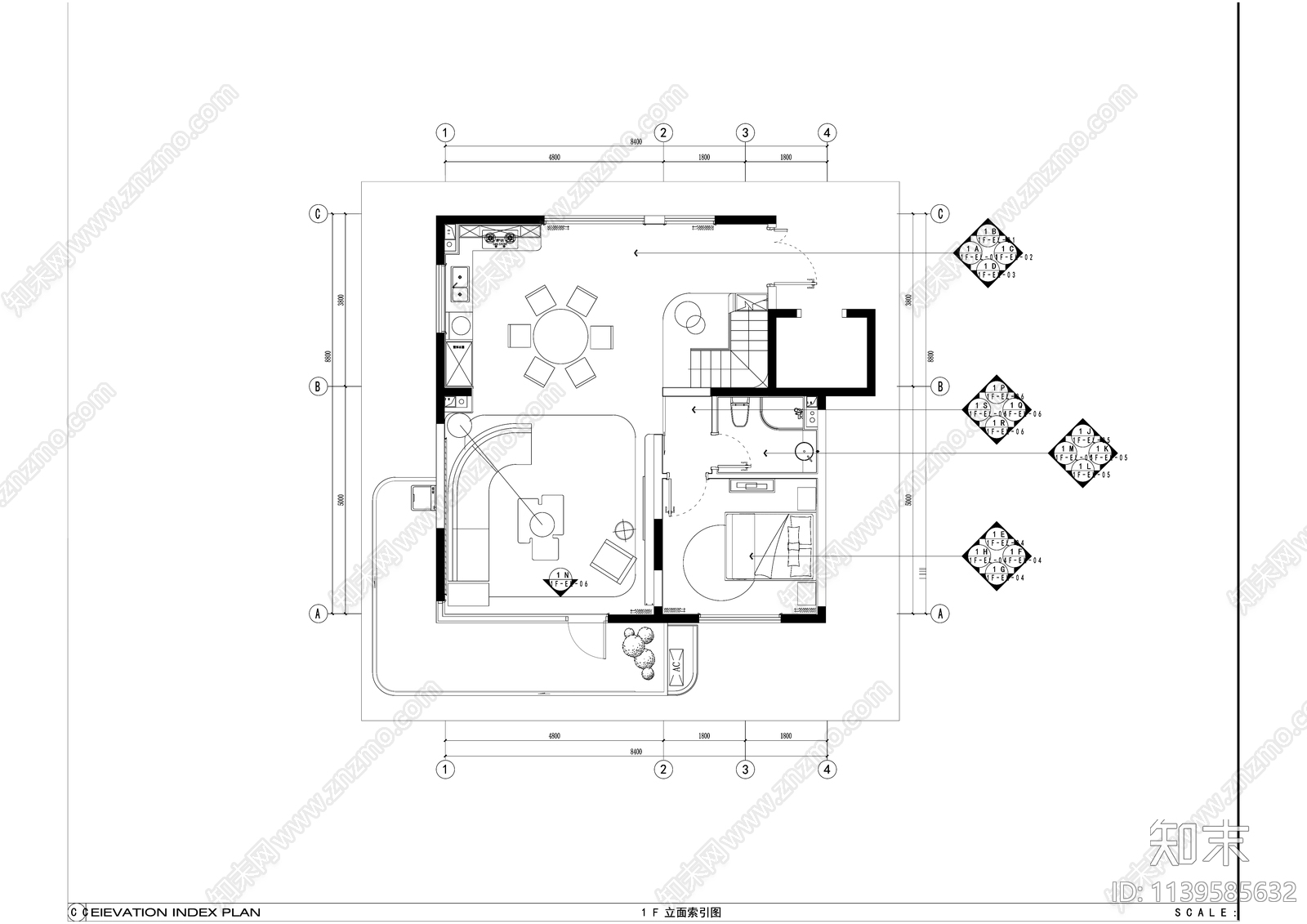 现代二层叠墅室内精装修cad施工图下载【ID:1139585632】