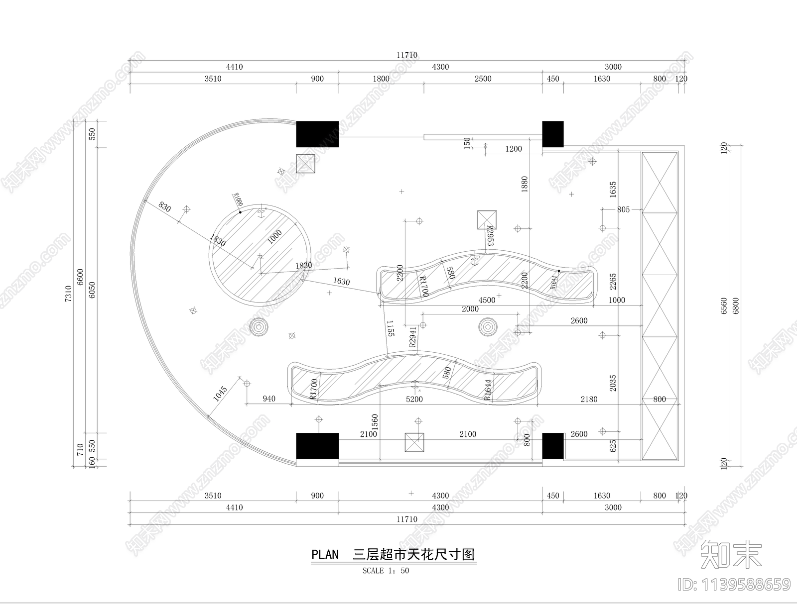 三层超市平立面图cad施工图下载【ID:1139588659】