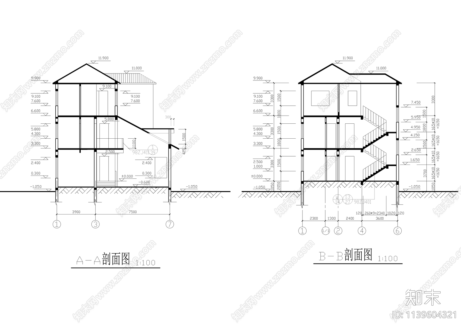 三层自建别墅建筑cad施工图下载【ID:1139604321】