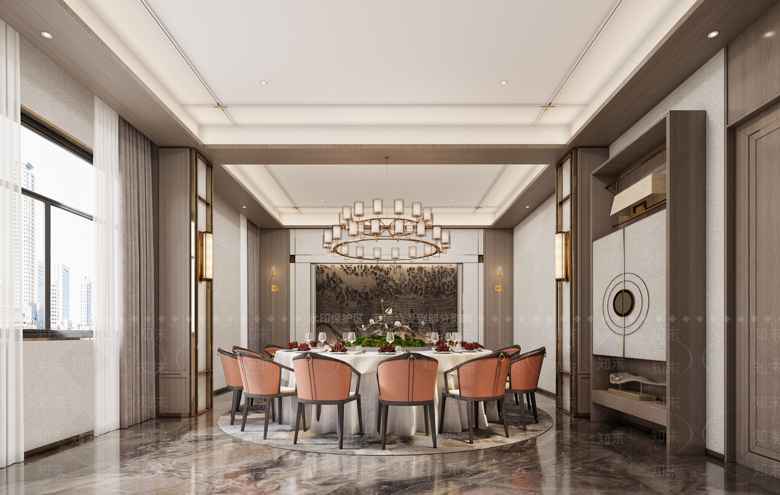 新中式酒店餐厅包间3D模型下载【ID:1139607521】