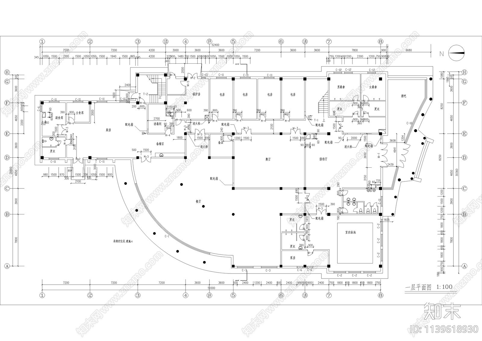 某小区会馆建筑cad施工图下载【ID:1139618930】