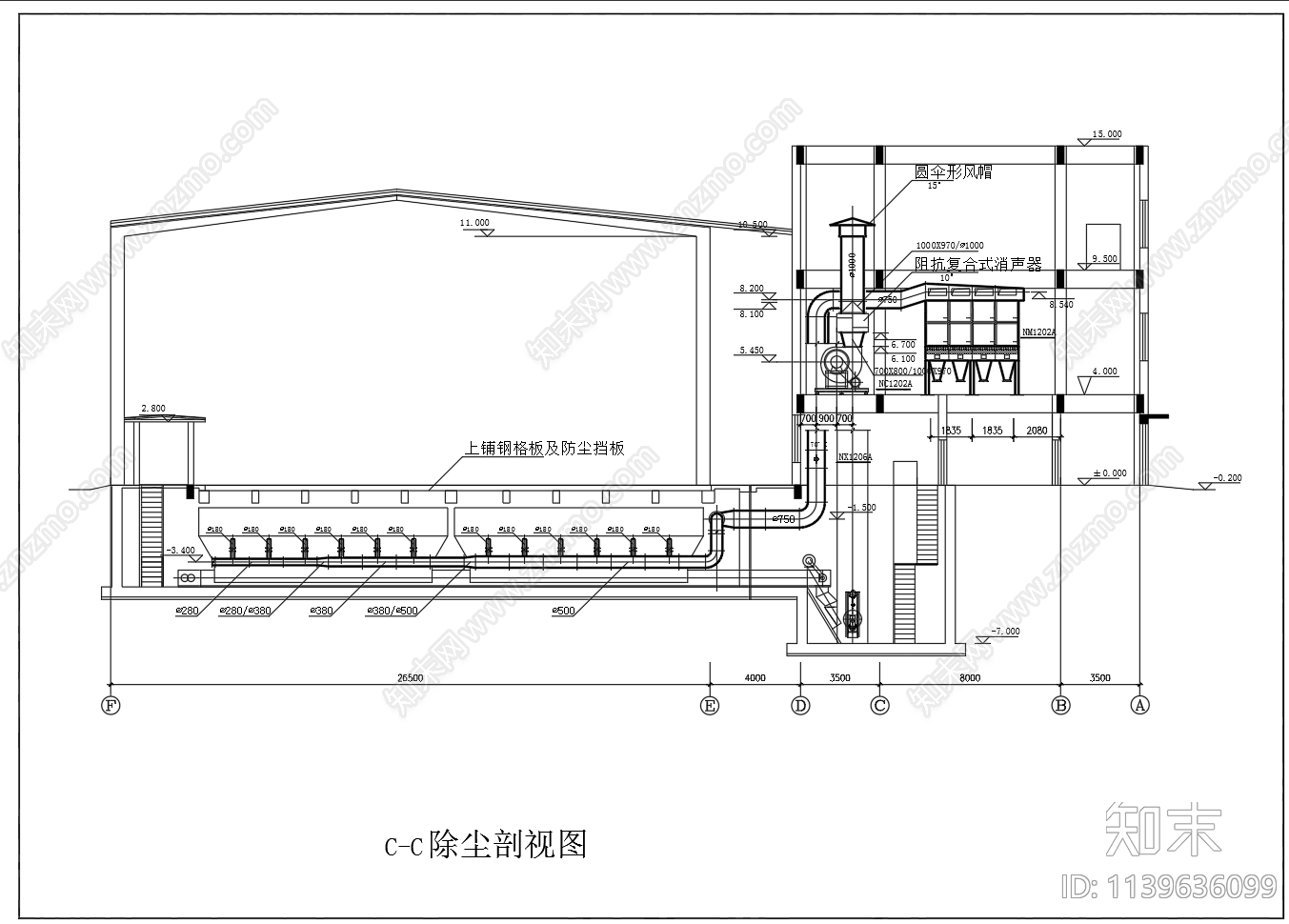 粉尘除尘系统平面剖面cad施工图下载【ID:1139636099】