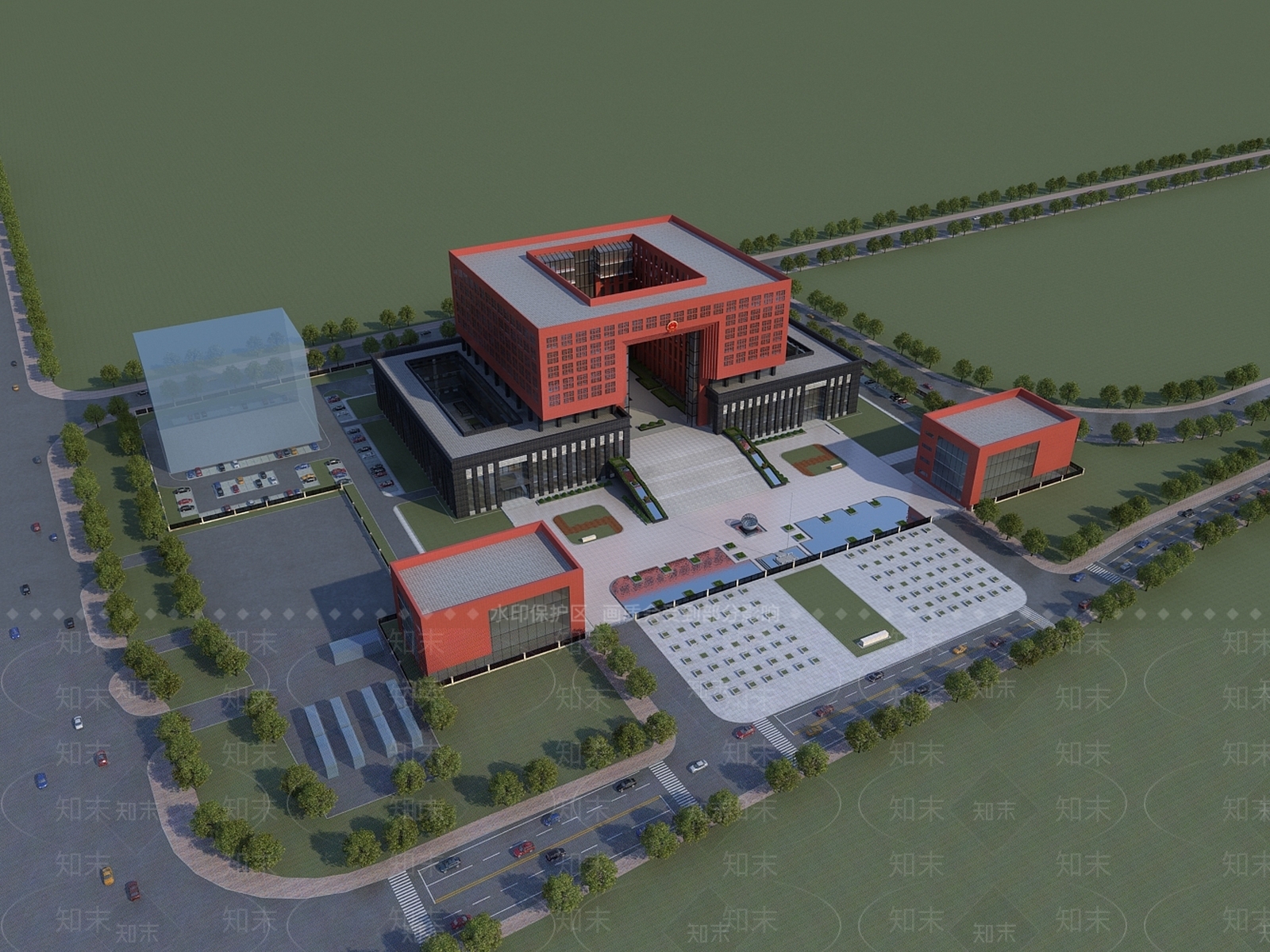 现代办公楼综合楼鸟瞰规划3D模型下载【ID:1139655304】
