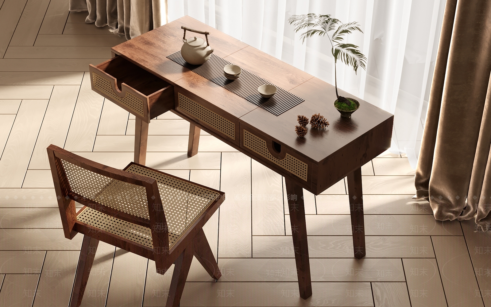 侘寂茶桌椅组合3D模型下载【ID:1139647411】