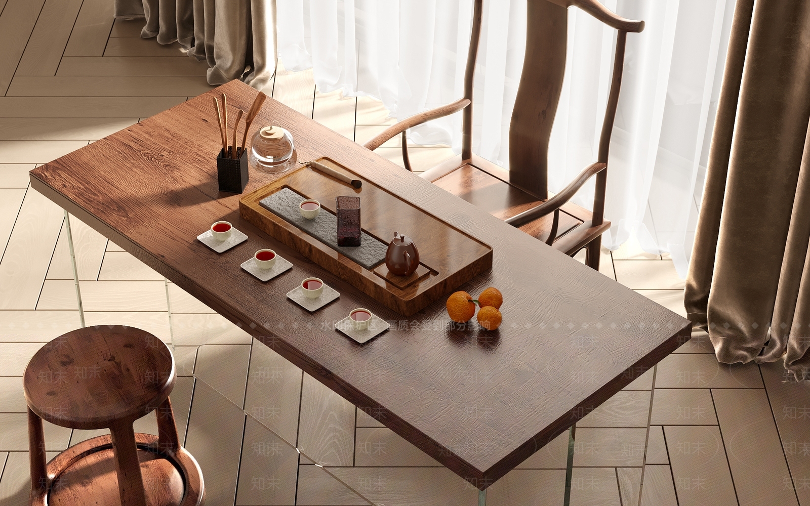 新中式茶桌椅组合3D模型下载【ID:1139647965】