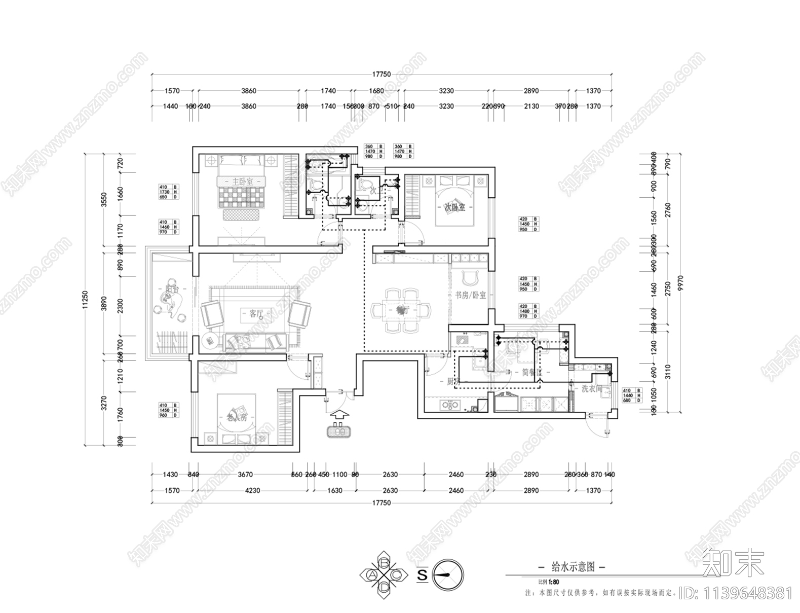 平层家装全套cad施工图下载【ID:1139648381】