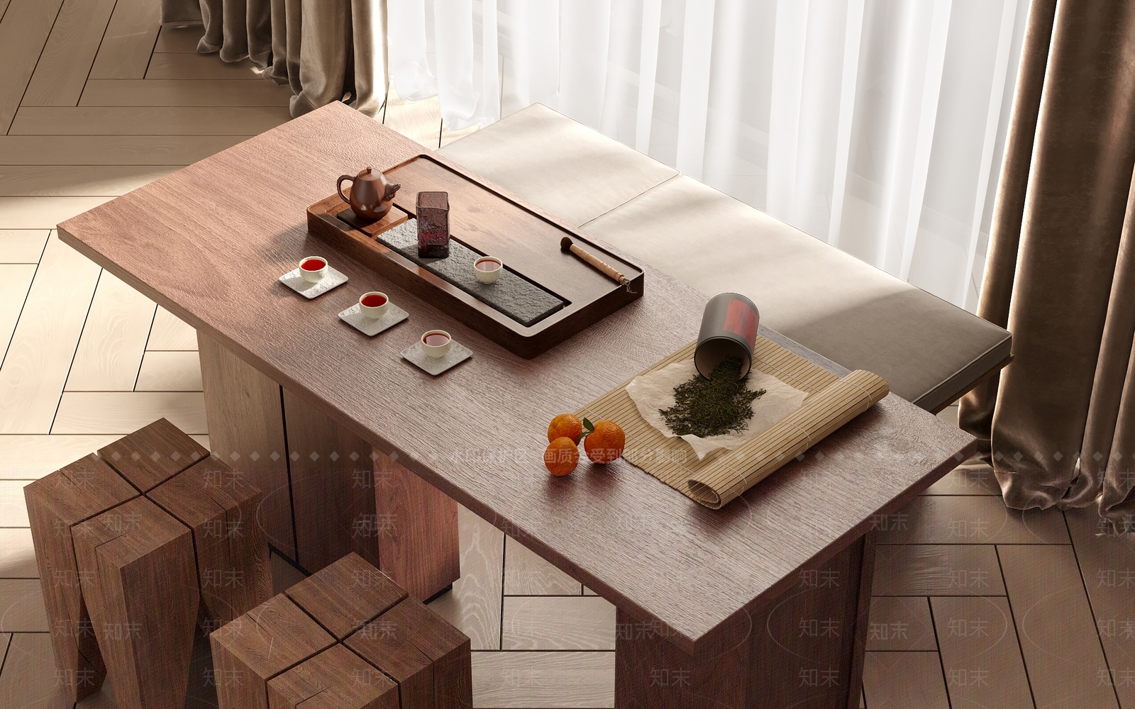 侘寂风茶桌椅组合3D模型下载【ID:1139649795】