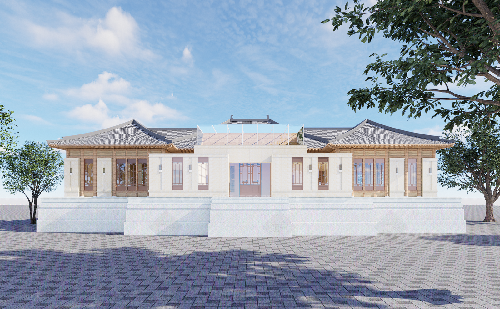 中式风格展览馆建筑SU模型下载【ID:1139653724】