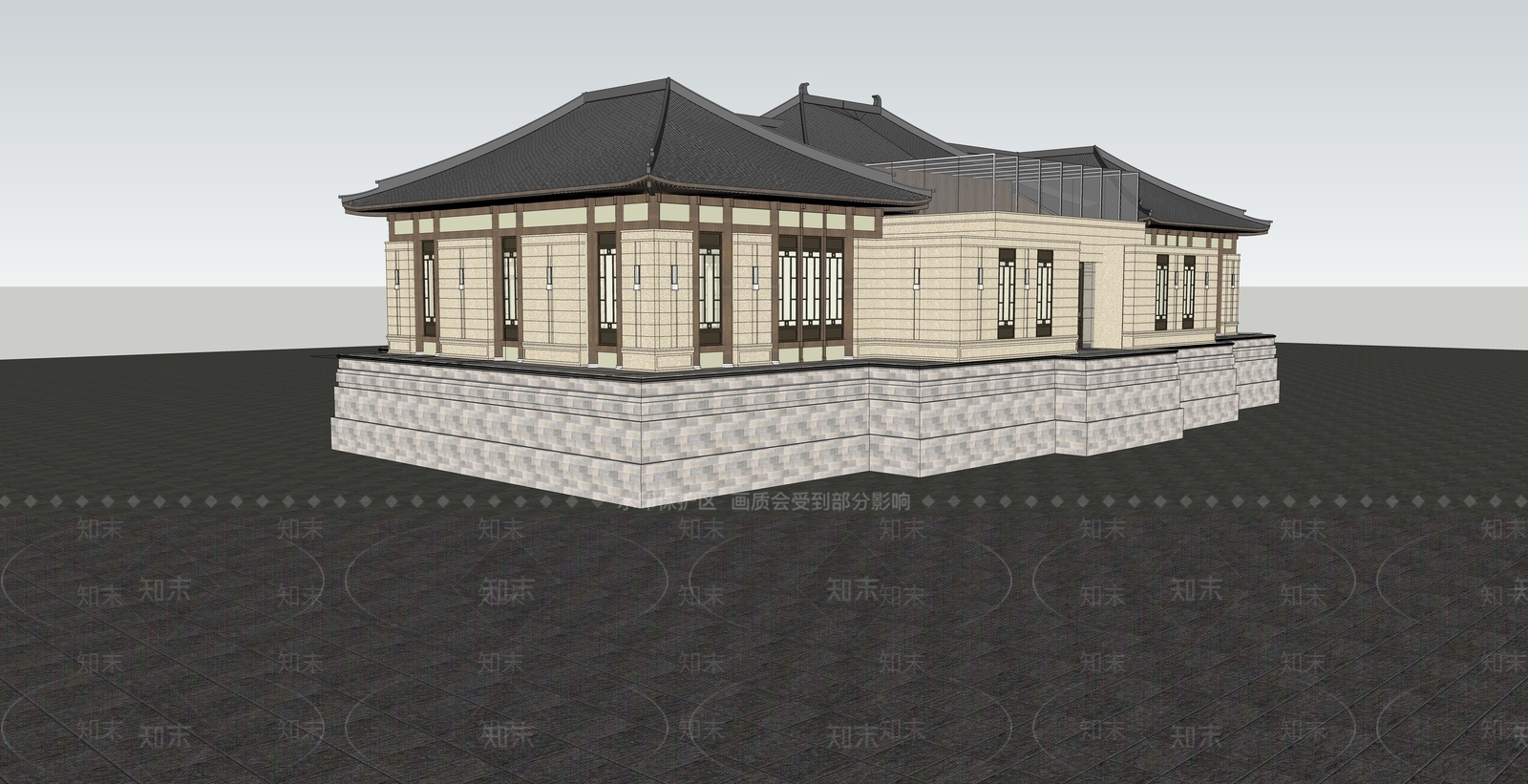 中式风格展览馆建筑SU模型下载【ID:1139653724】
