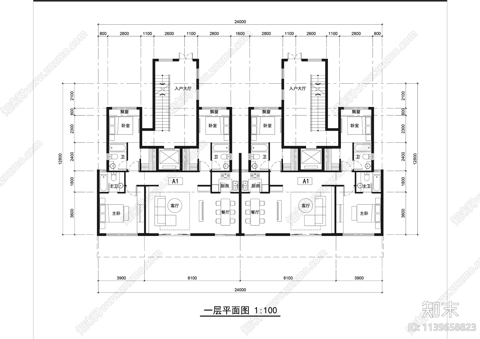 多层叠墅户型平面图施工图下载【ID:1139658823】