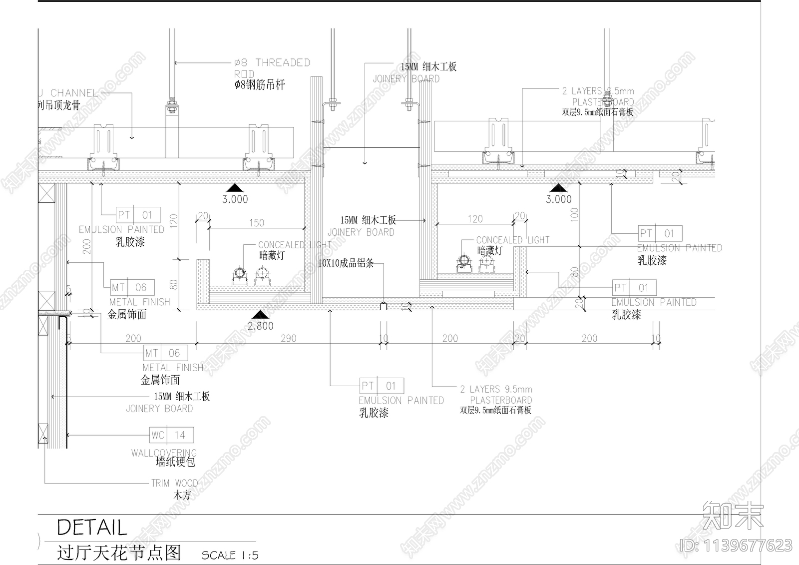 天花造型暗藏灯剖面节点施工图下载【ID:1139677623】