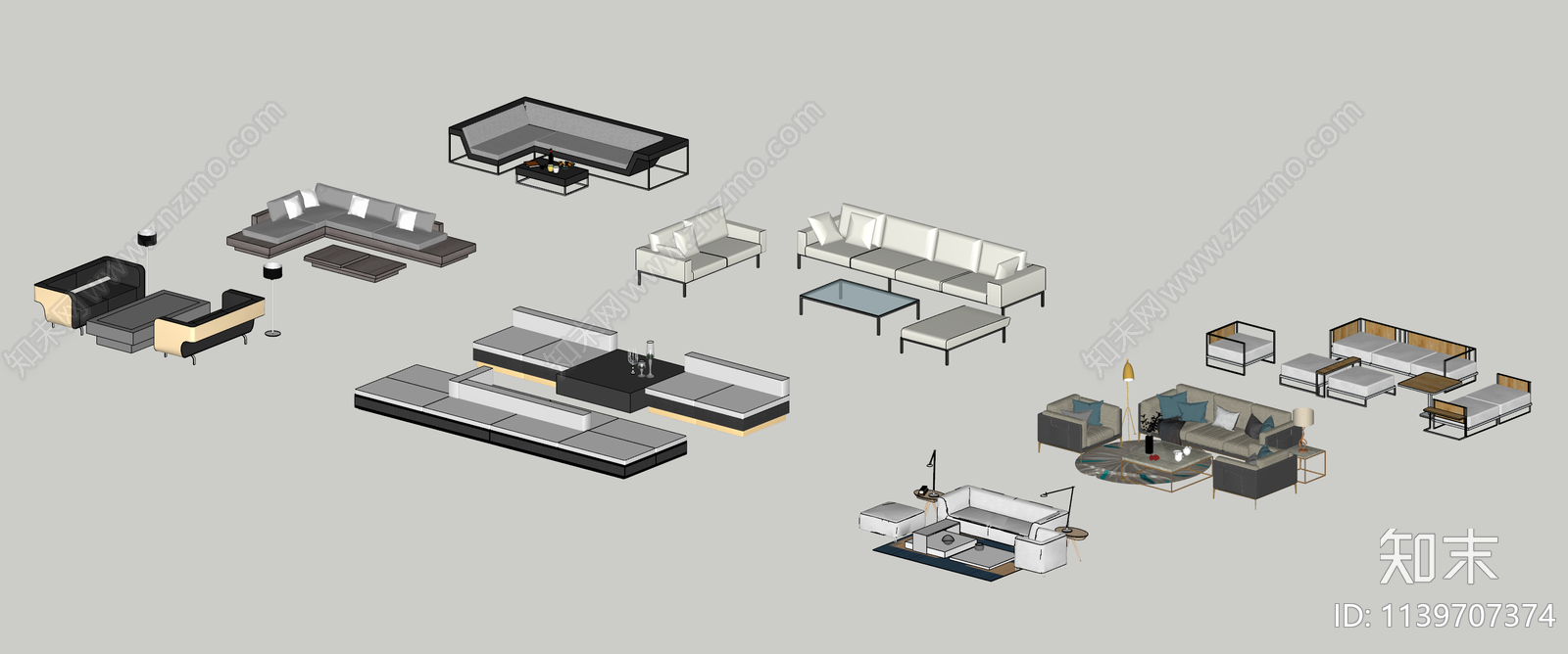 现代沙发茶几组合SU模型下载【ID:1139707374】