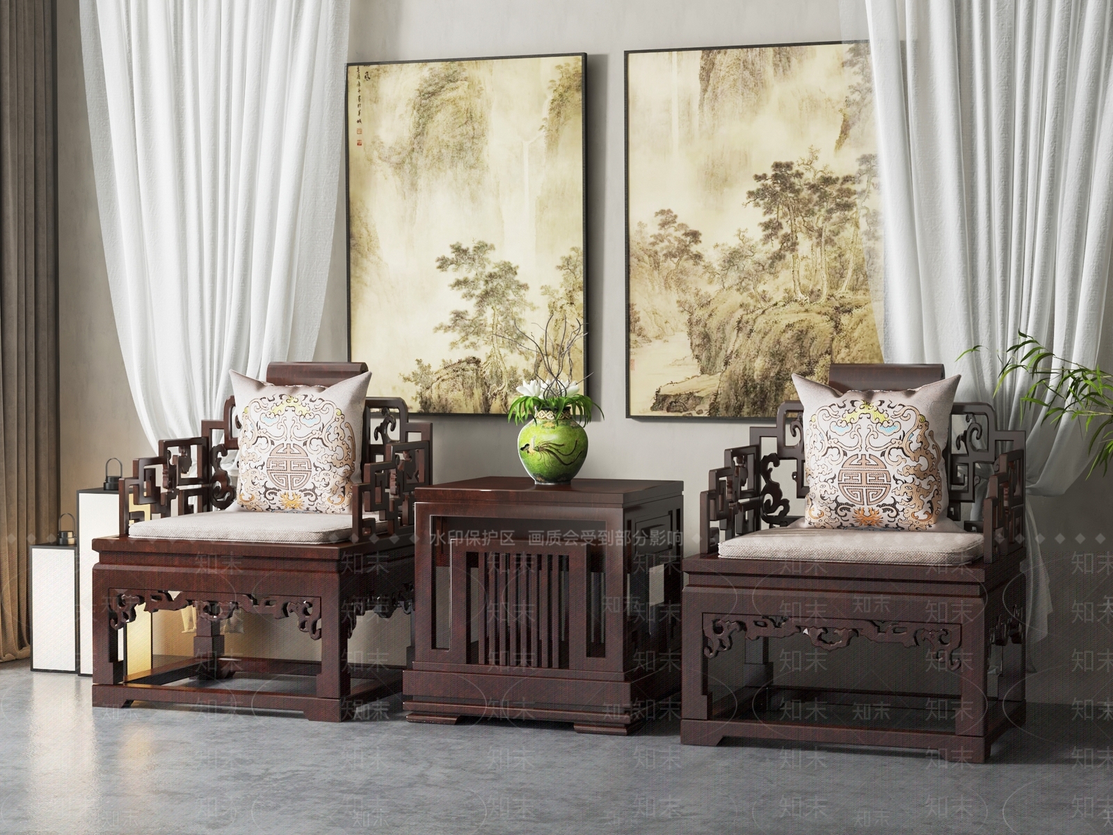 中式雕花单人沙发边几组合3D模型下载【ID:1139729297】