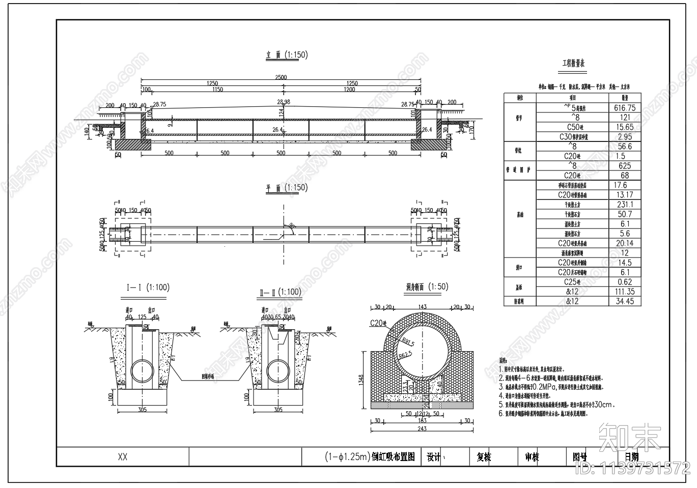 1米25倒虹吸平面剖面cad施工图下载【ID:1139731572】