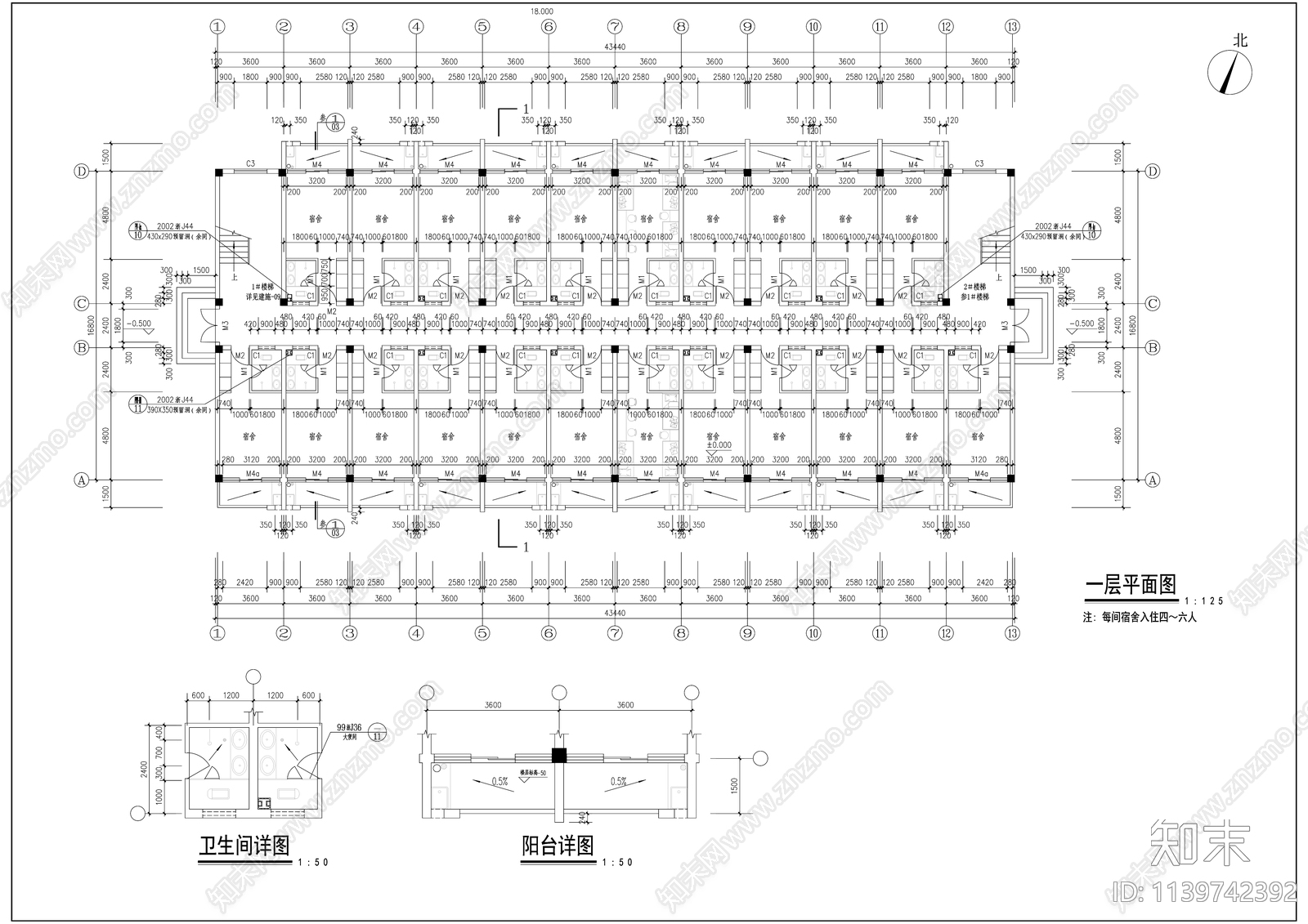 现代多层学生公寓宿舍楼建筑施工图下载【ID:1139742392】