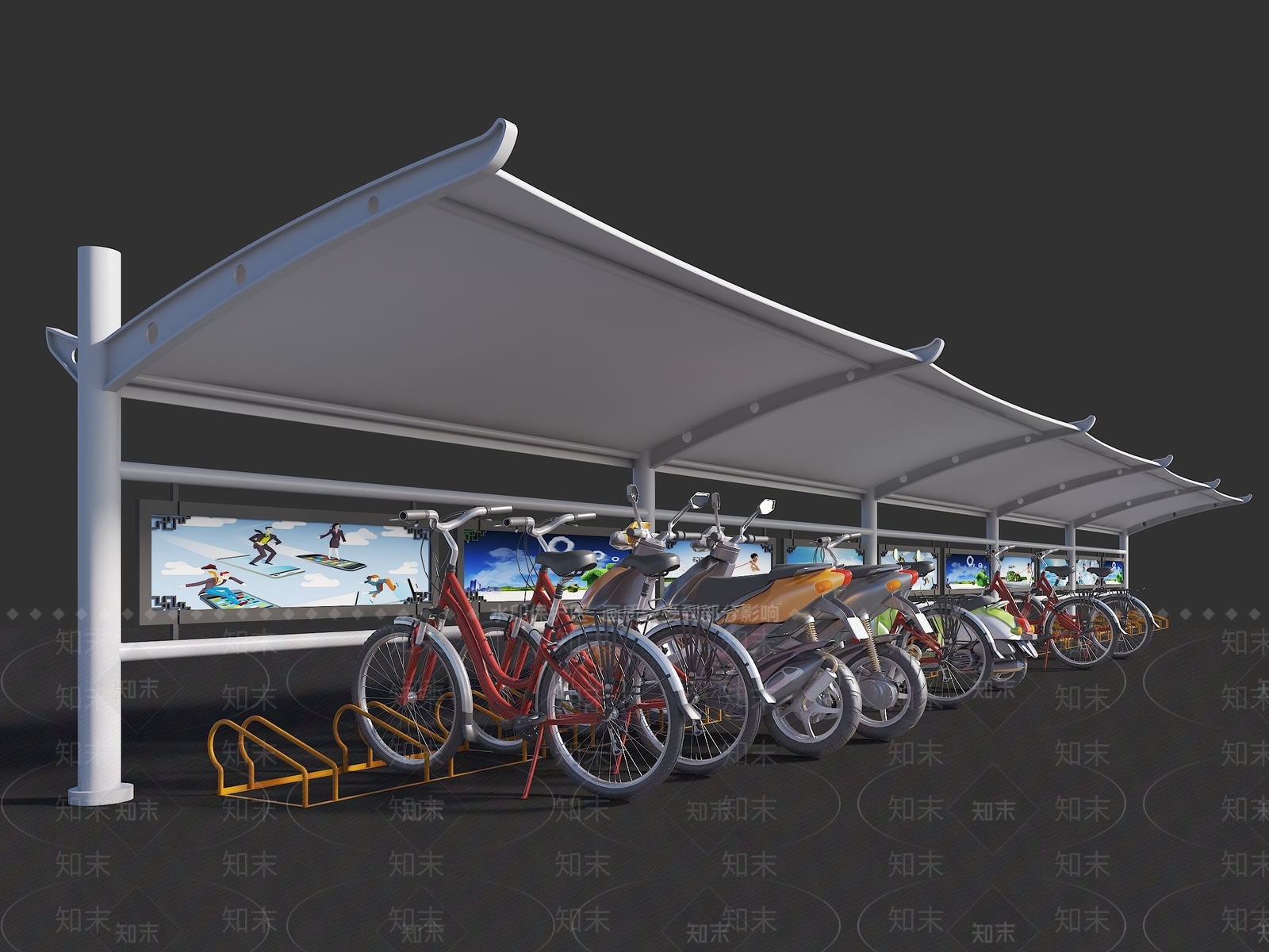 现代自行车停车棚3D模型下载【ID:1139745274】