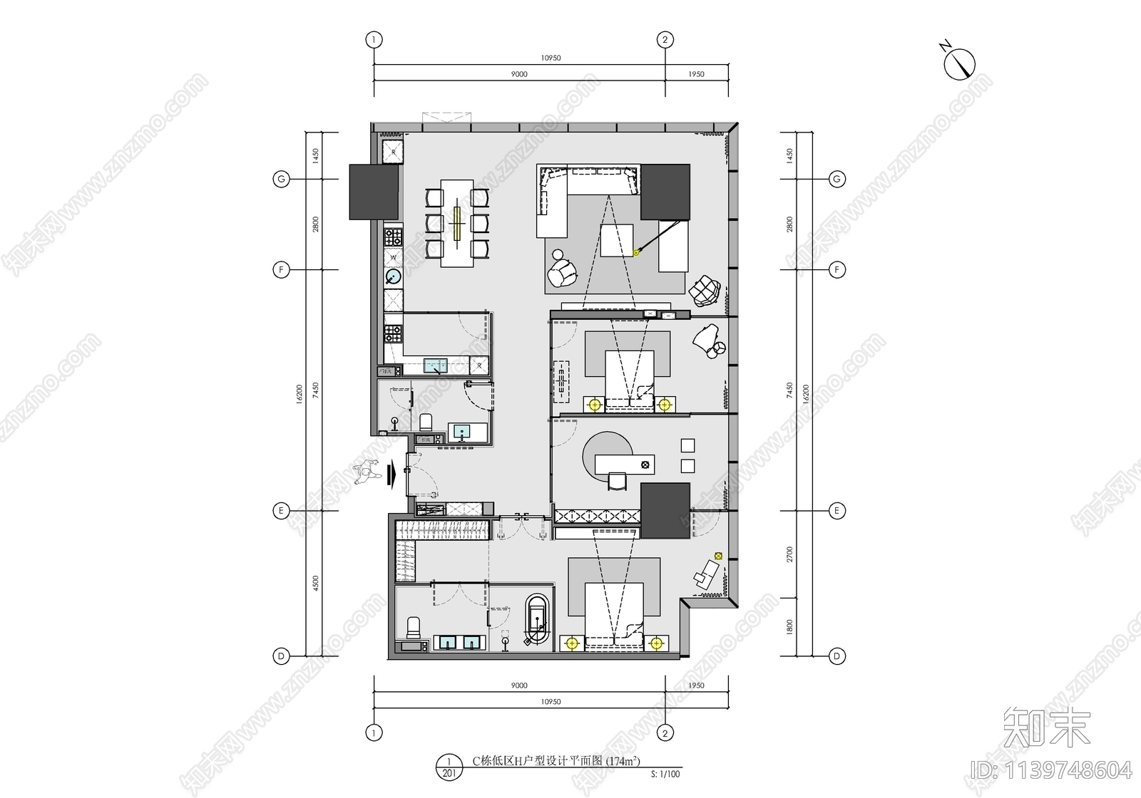 174㎡公寓家装样板间cad施工图下载【ID:1139748604】