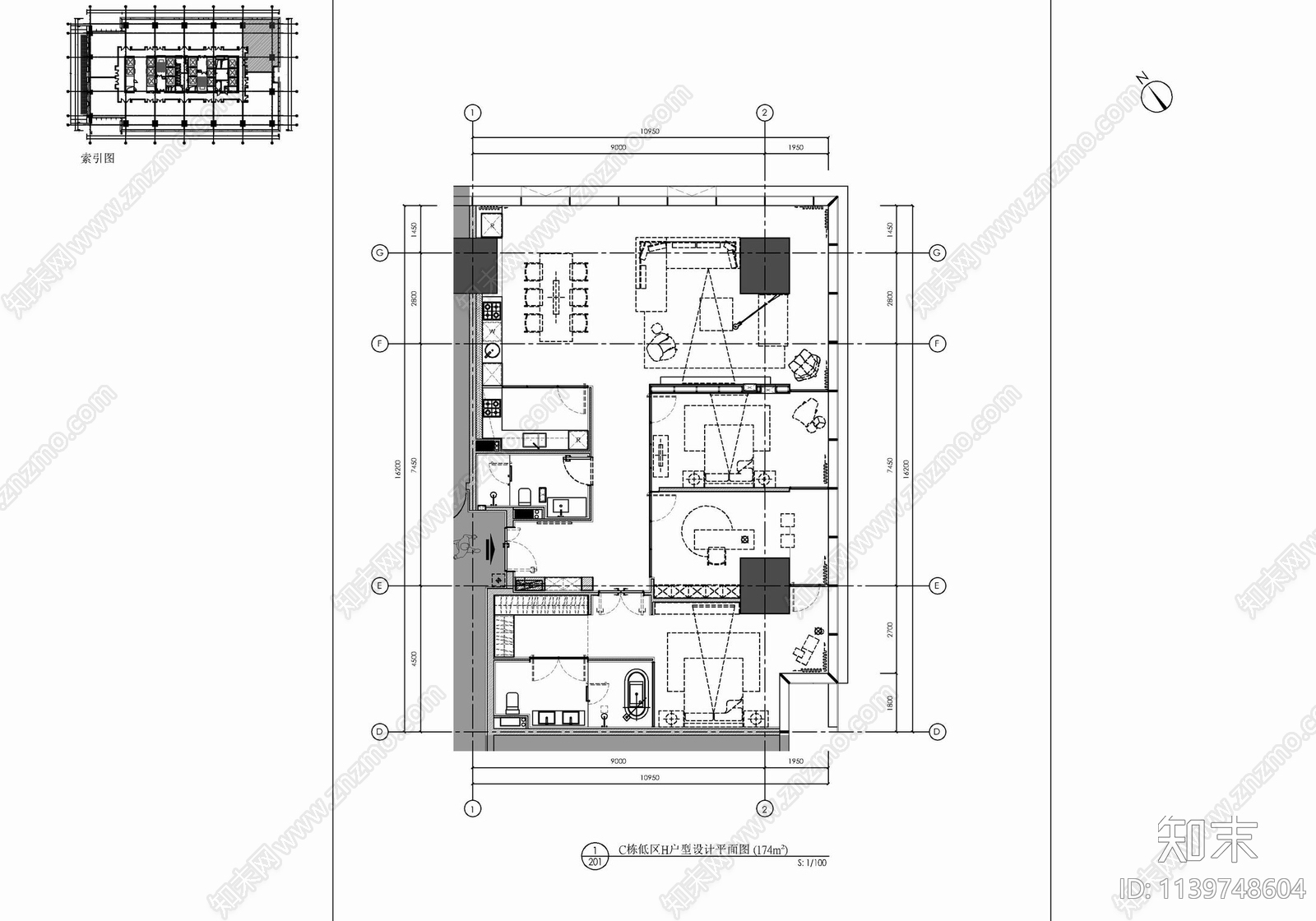 174㎡公寓家装样板间cad施工图下载【ID:1139748604】