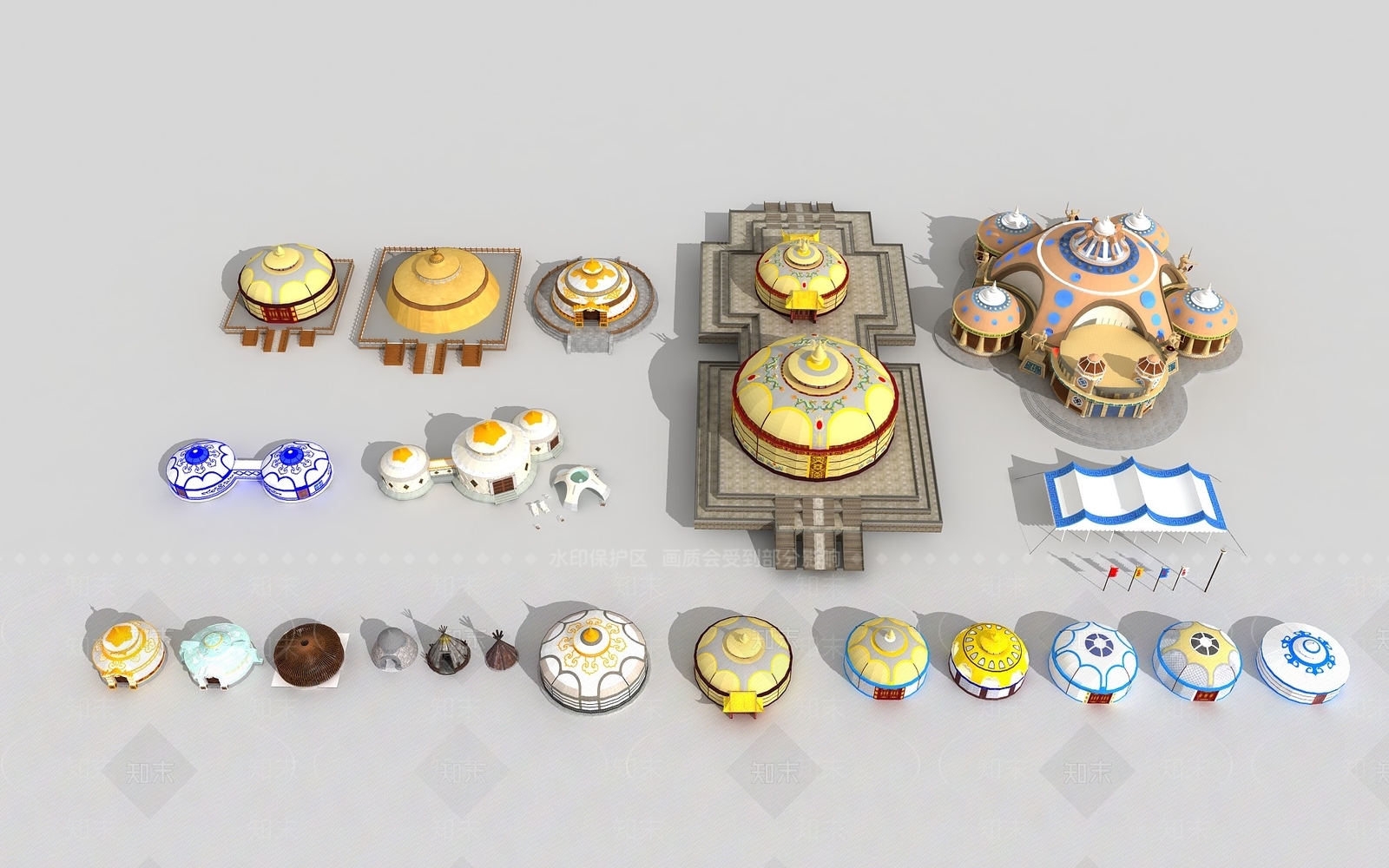 现代民族风蒙古包组合3D模型下载【ID:1139774954】