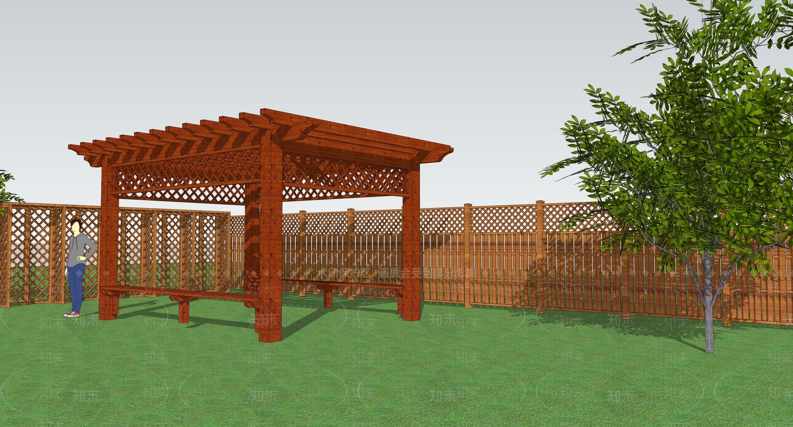 中式防腐木廊架SU模型下载【ID:1139786403】