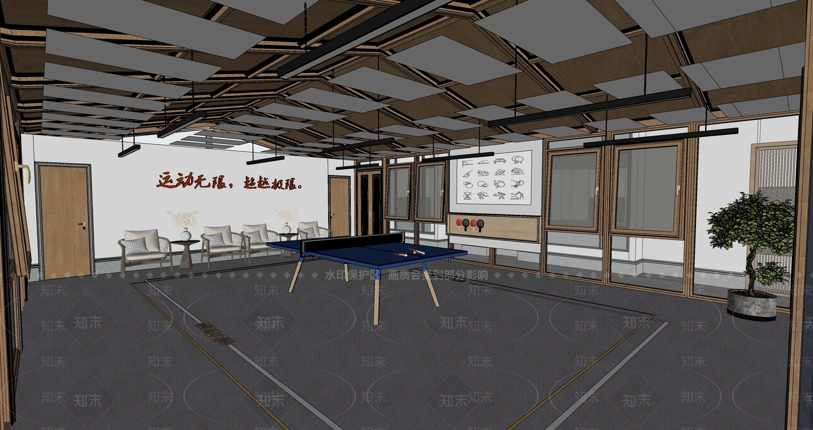 现代乒乓球室SU模型下载【ID:1139796399】
