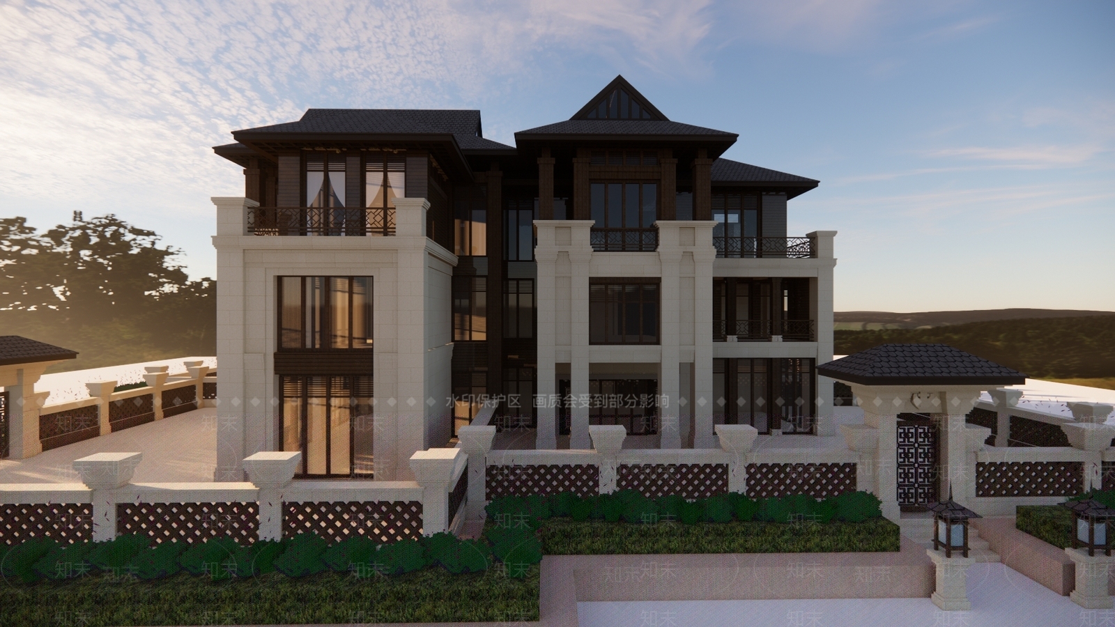 新中式坡屋顶组合SU模型下载【ID:1139806684】