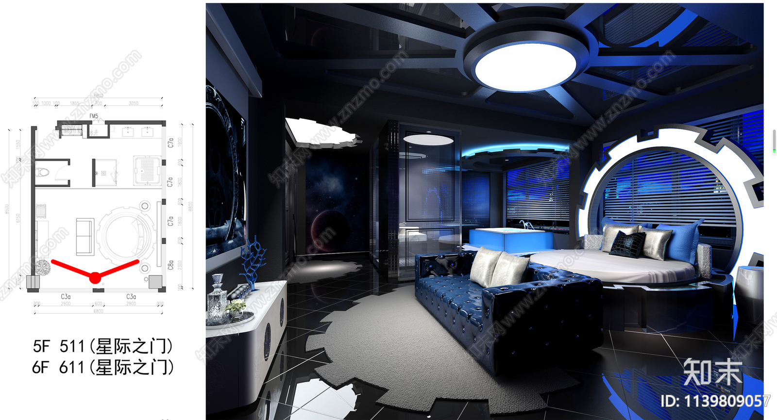 最新主题酒店大床房施工图下载【ID:1139809057】