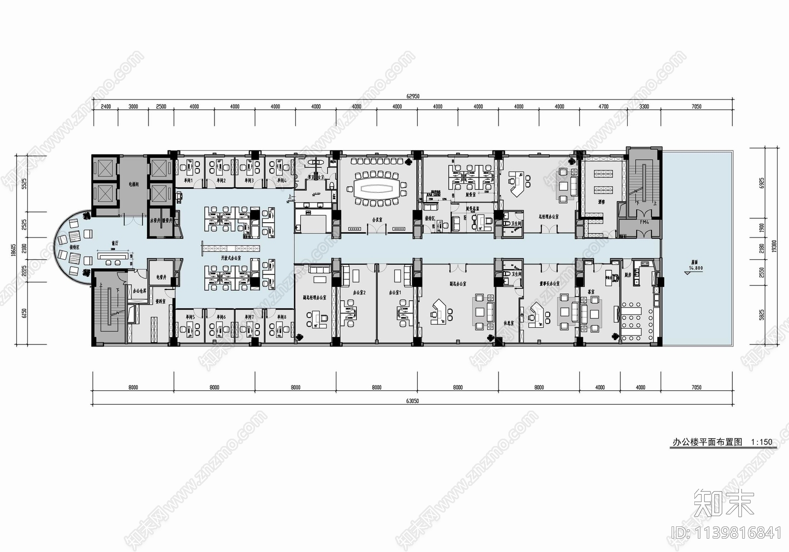 1000㎡办公室cad施工图下载【ID:1139816841】
