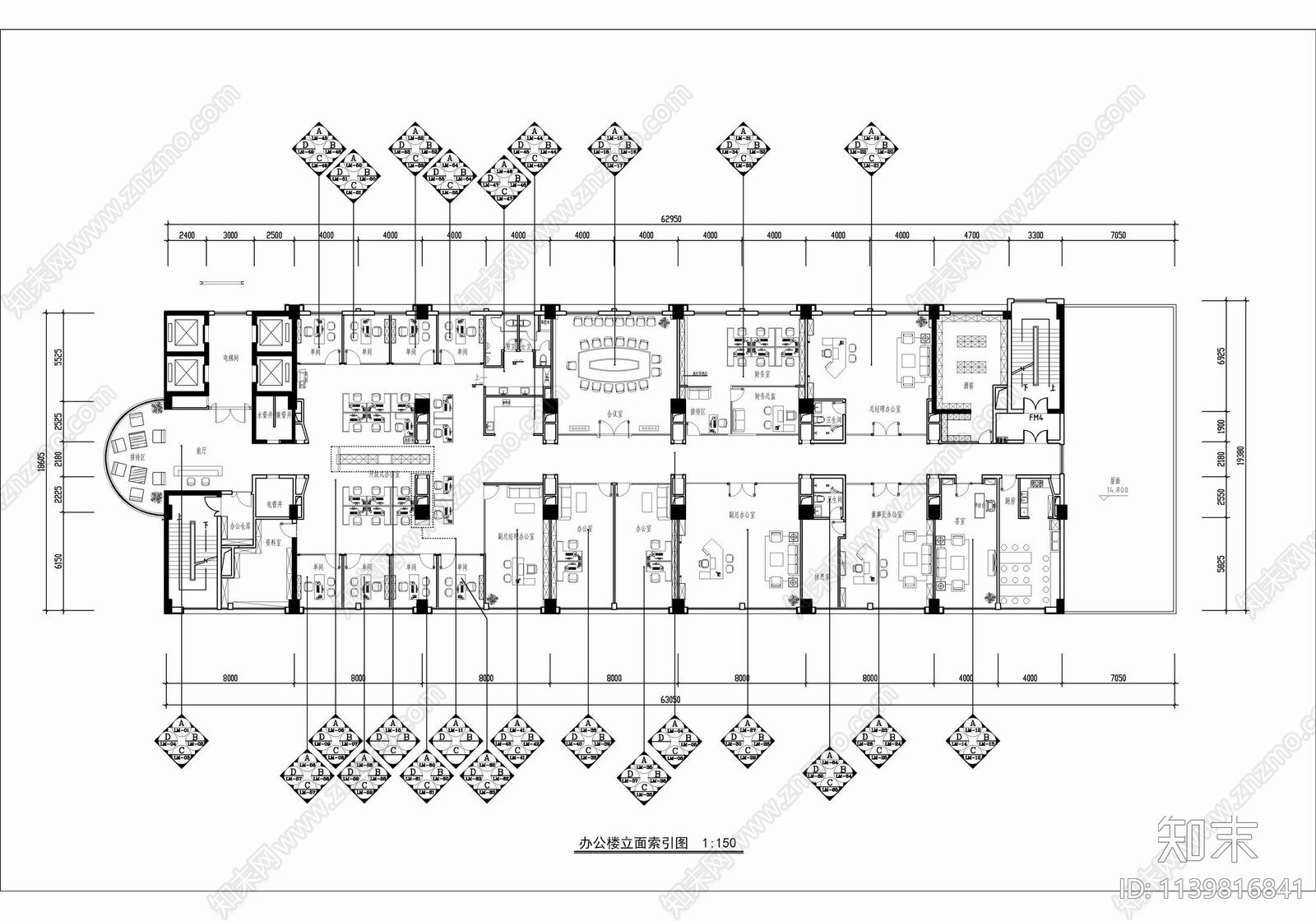 1000㎡办公室cad施工图下载【ID:1139816841】