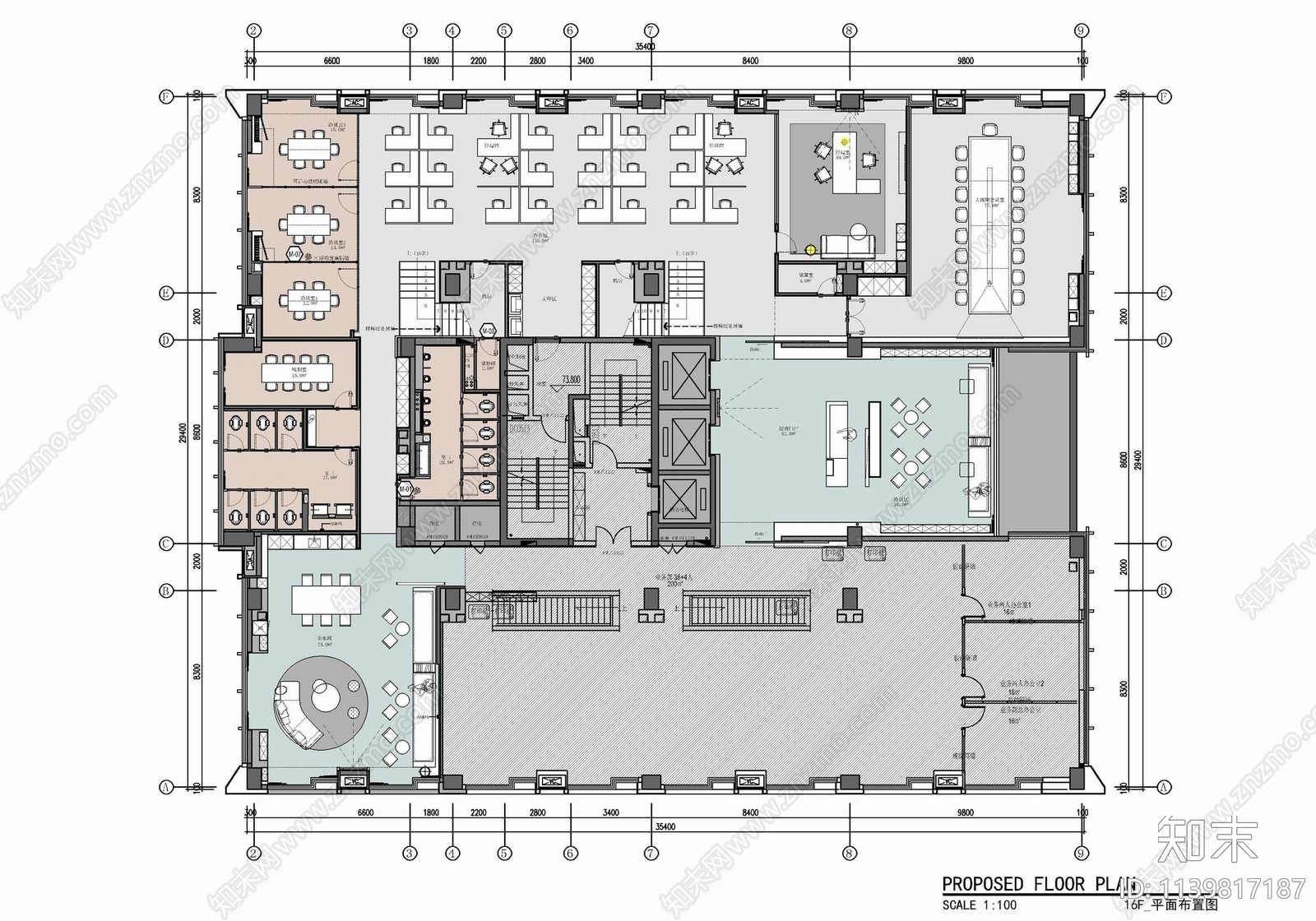 1200㎡办公室cad施工图下载【ID:1139817187】
