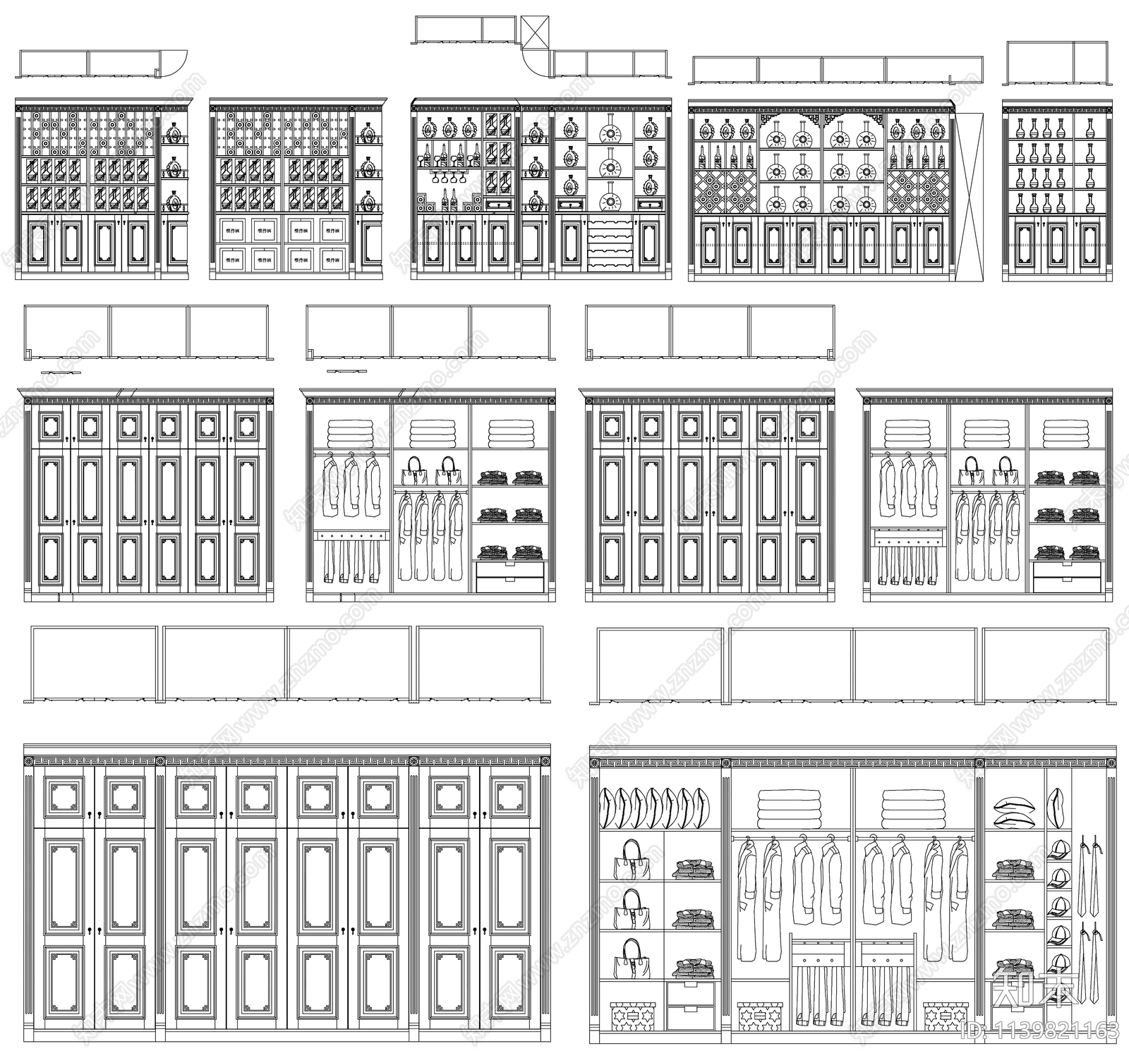 中式禅意衣柜搏古架酒柜cad施工图下载【ID:1139821163】