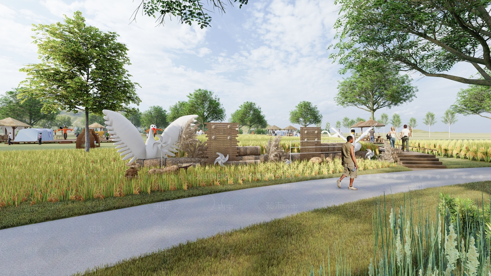 现代主题天鹅乡村田野景观SU模型下载【ID:1139831822】