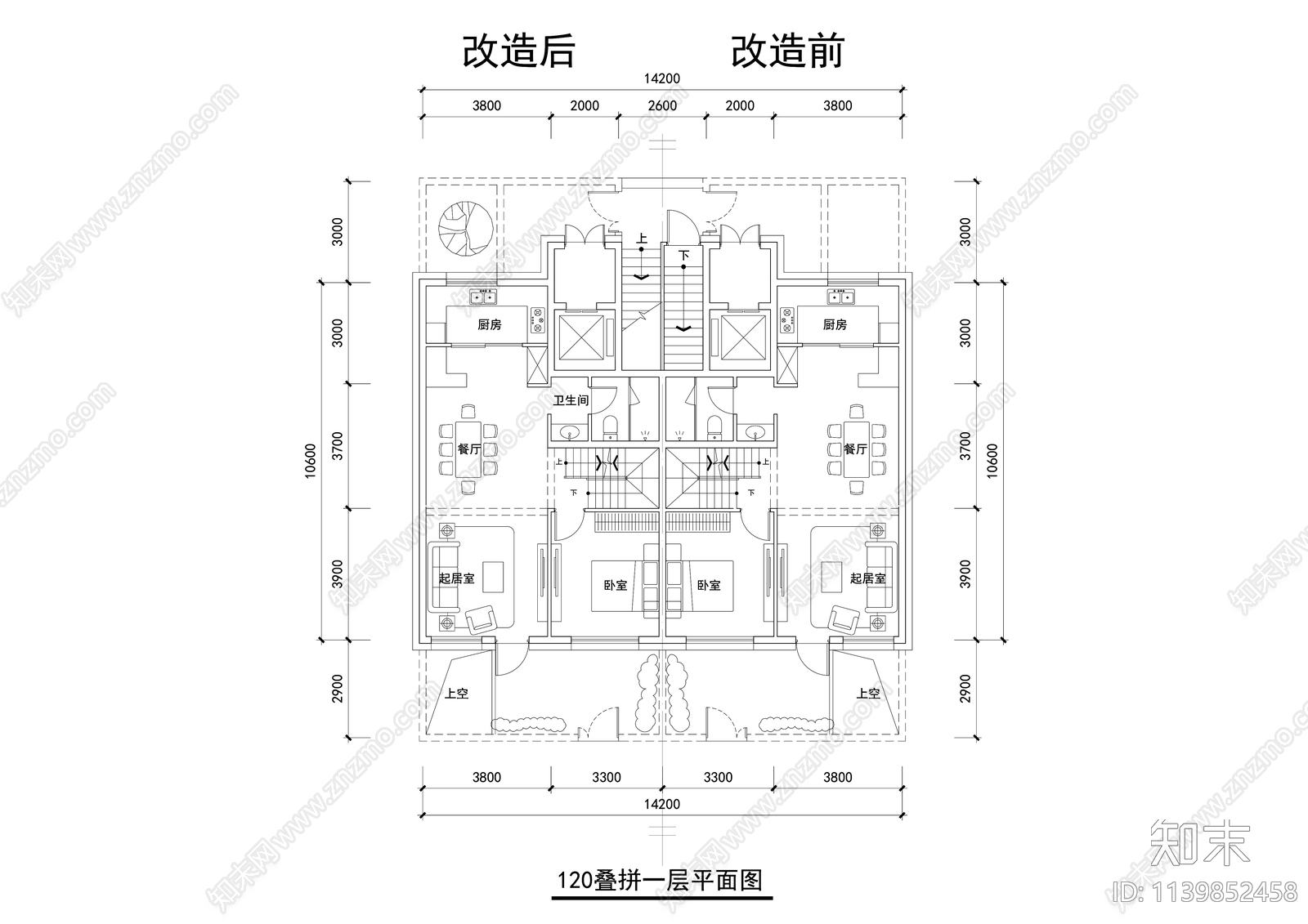 多层叠墅户型平面图施工图下载【ID:1139852458】