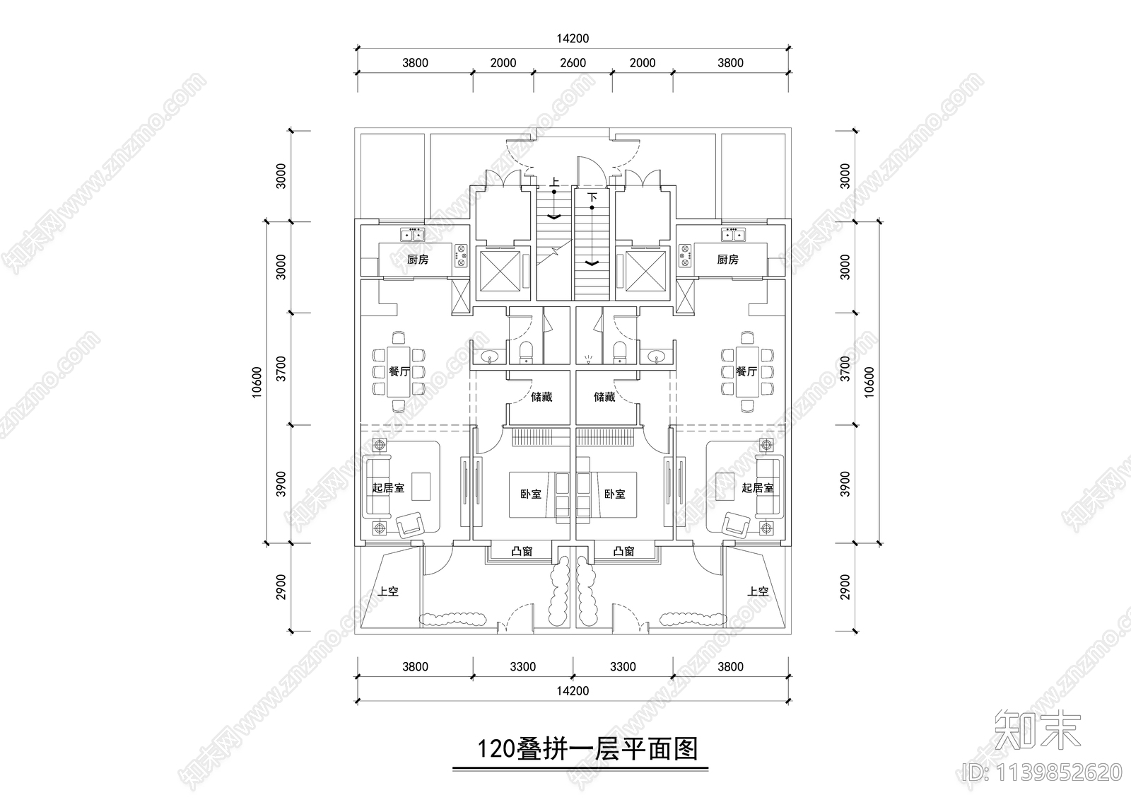 多层叠墅户型平面图施工图下载【ID:1139852620】