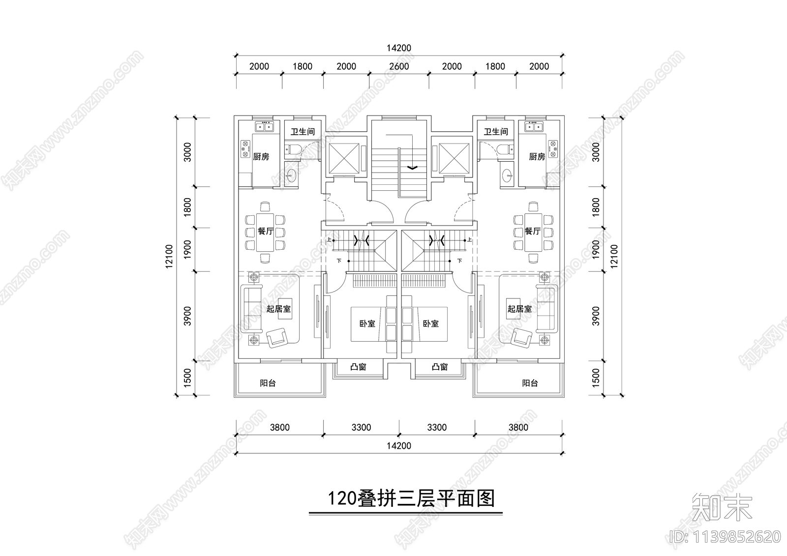 多层叠墅户型平面图施工图下载【ID:1139852620】