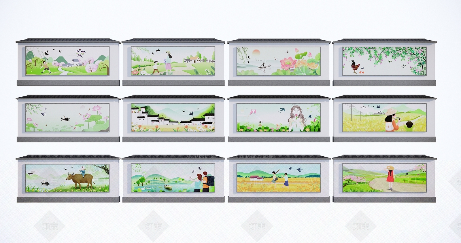 现代乡村振兴墙绘SU模型下载【ID:1139861908】