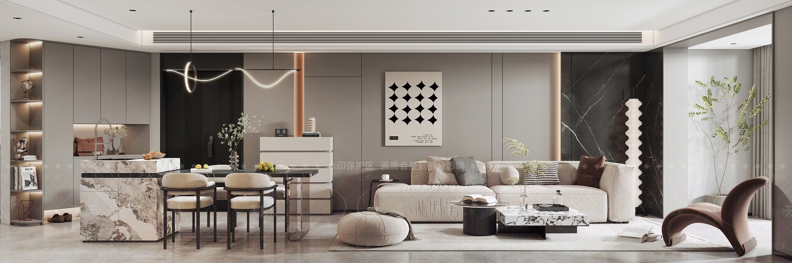 现代极简黑白灰客餐厅厨房主卧3D模型3D模型下载【ID:1139906740】