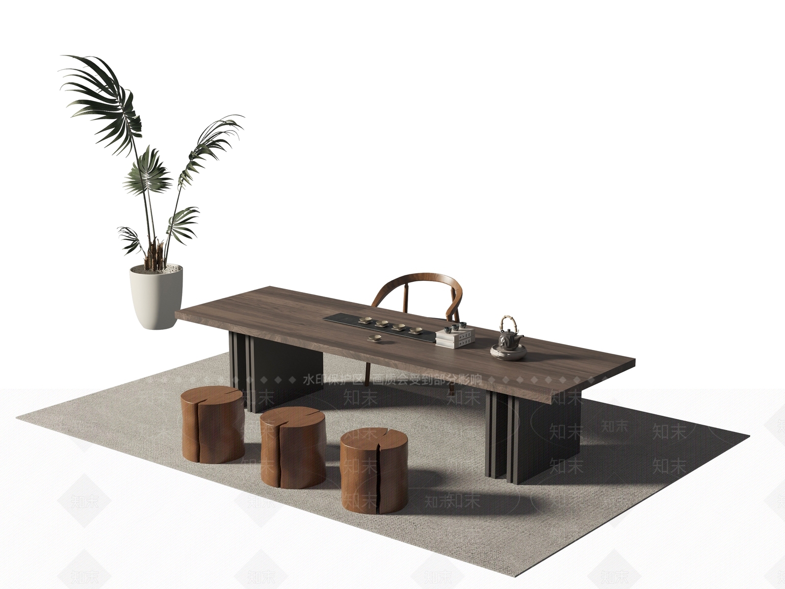 新中式茶桌椅组合3D模型下载【ID:1139956478】